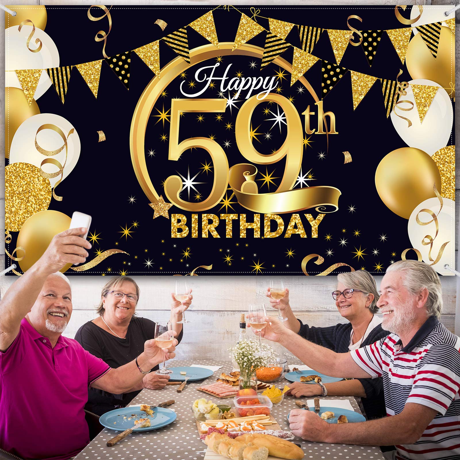 59Th Birthday Party Decoration, Extra Large Fabric Black Gold Sign Poster For 59Th Anniversary Photo Booth Backdrop Background B