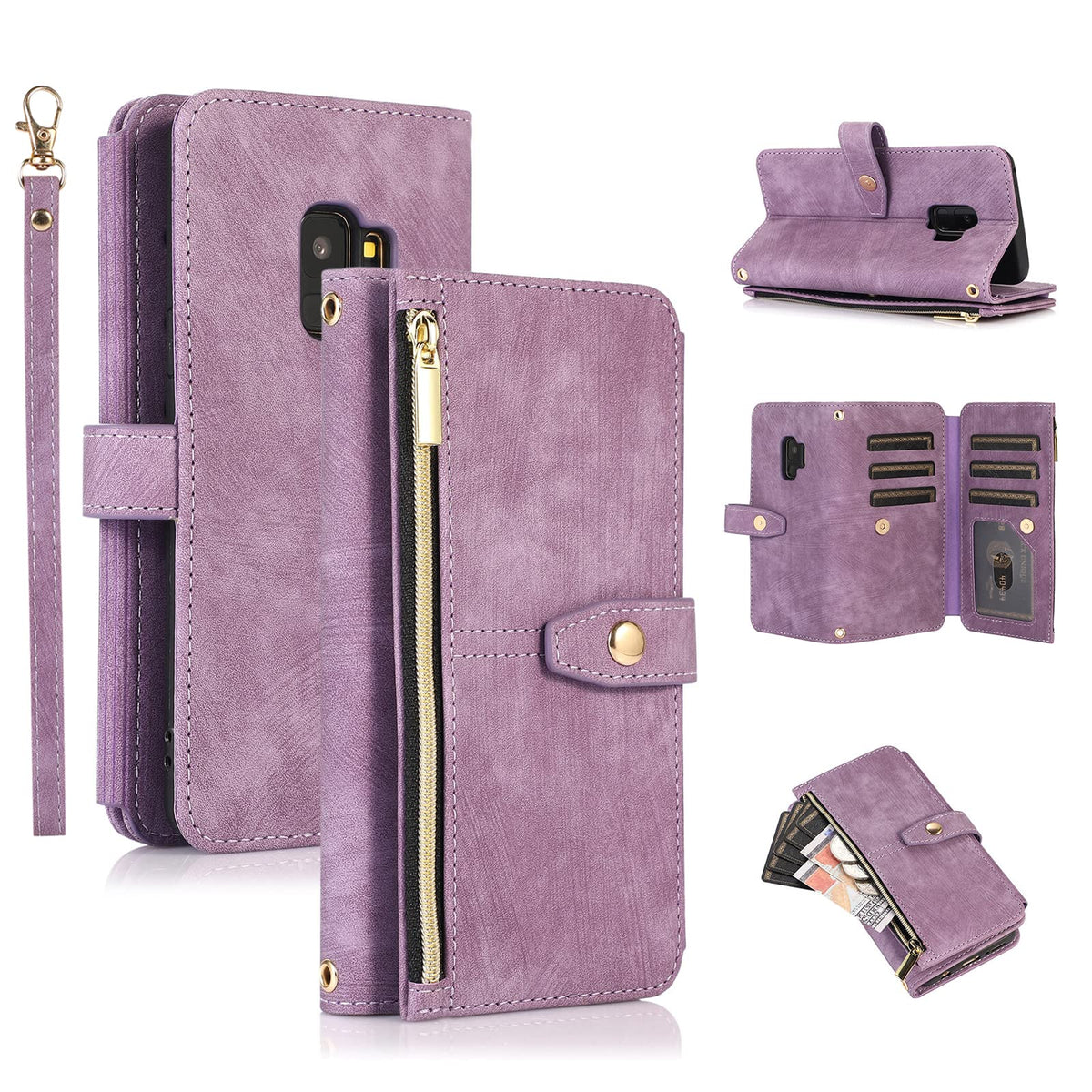 Ueebai Case For Samsung Galaxy S9 Plus, 9 Card Slots Retro Leather Wallet Shockproof Flip Cover With Hand Strap Card Slots Zippe