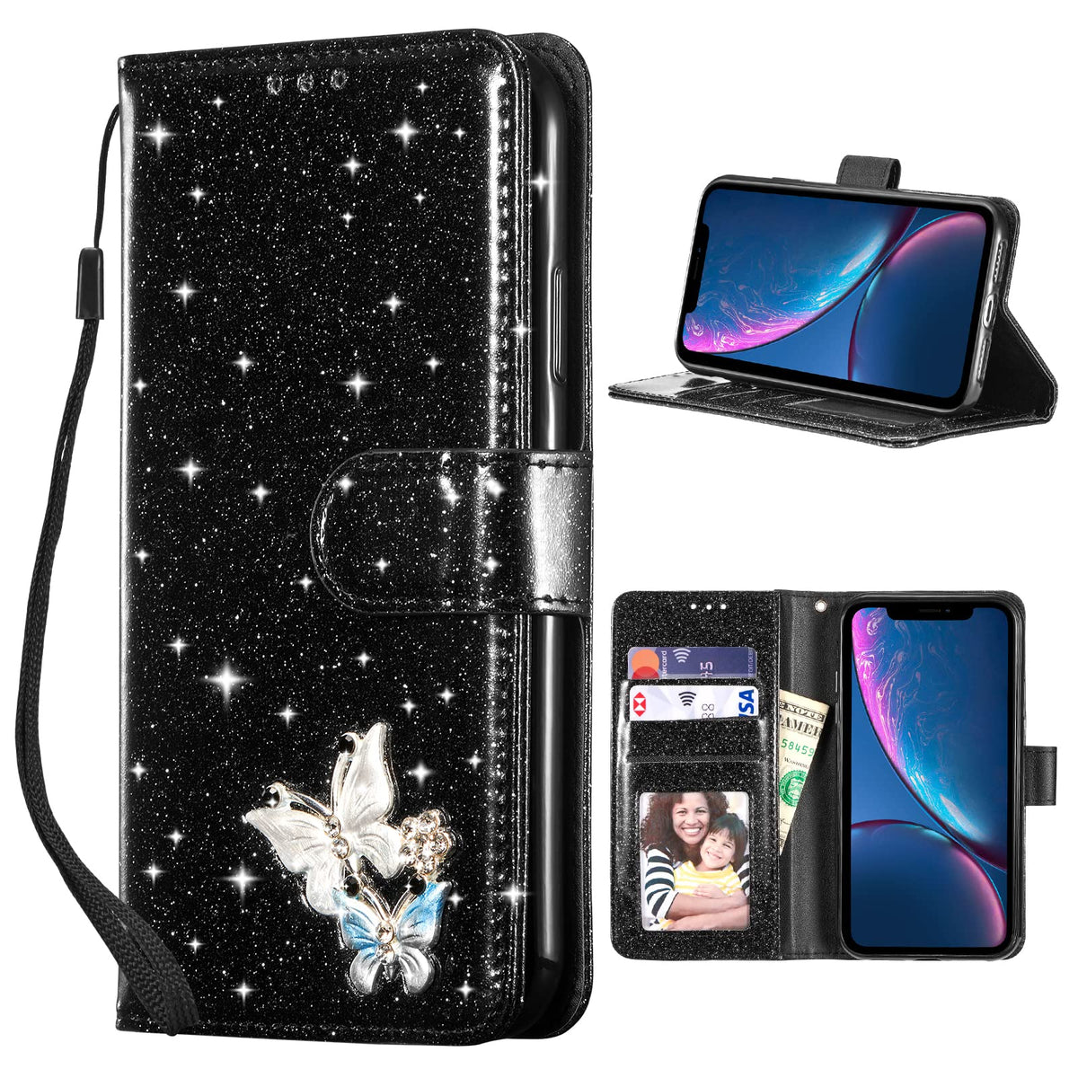 Ueebai Wallet Case For Iphone Xr, Premium Glitter Pu Leather Phone Case Card Slots Kickstand Case Magnetic Closure Bling Handbag