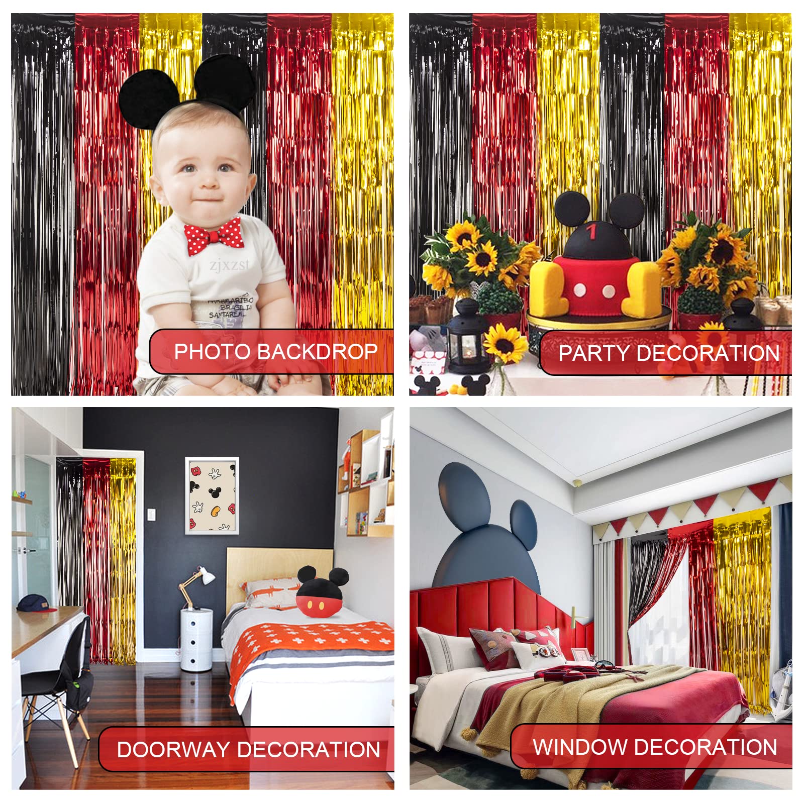 Lolstar 3 Pack Mickey Birthday Party Supplies, 3.3X6.6 Ft Black Red Gold Tinsel Foil Fringe Curtains, Cartoon Mouse Photo Booth