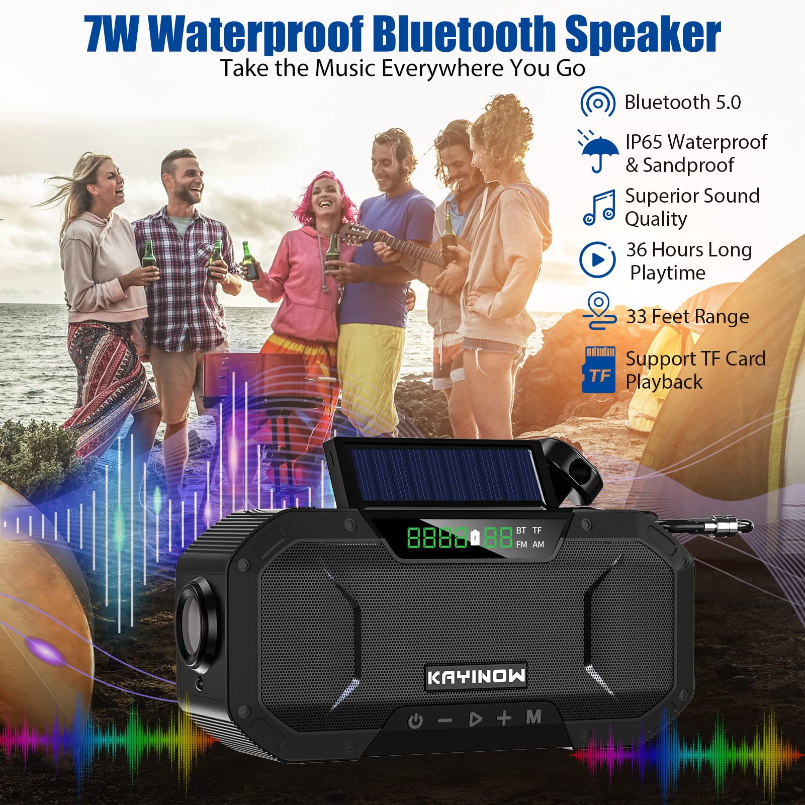 Solar Hand Crank Emergency Radio With Waterproof Bluetooth Speaker,Portable Am Fm Noaa Weather Radio, Rechargeable 5000Mah Batte