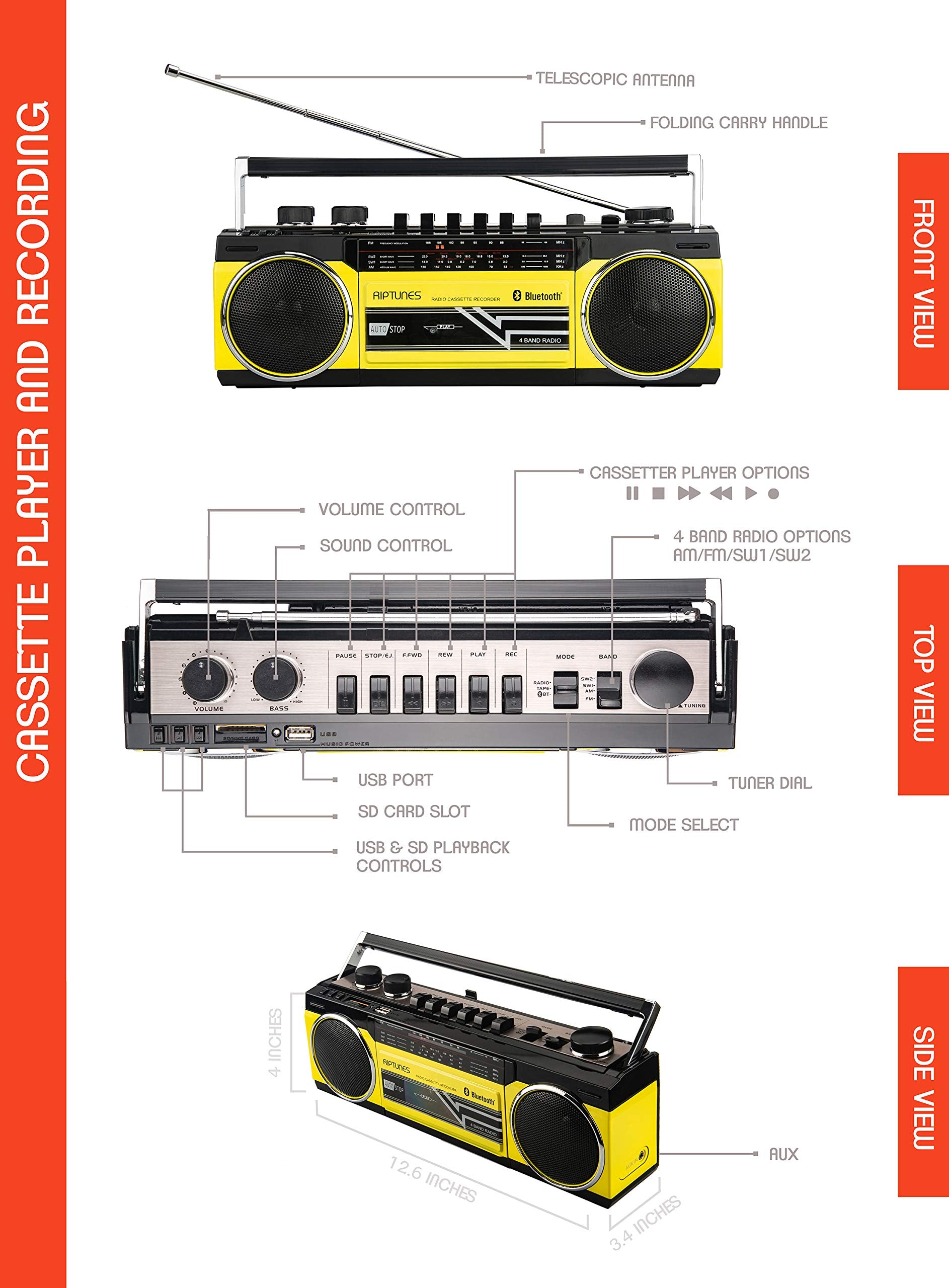 Riptunes Cassette Boombox, Retro Blueooth Boombox, Cassette Player And Recorder, Am/Fm/Sw 1 Sw2 Radio 4 Band Radio, Usb, And Sd,