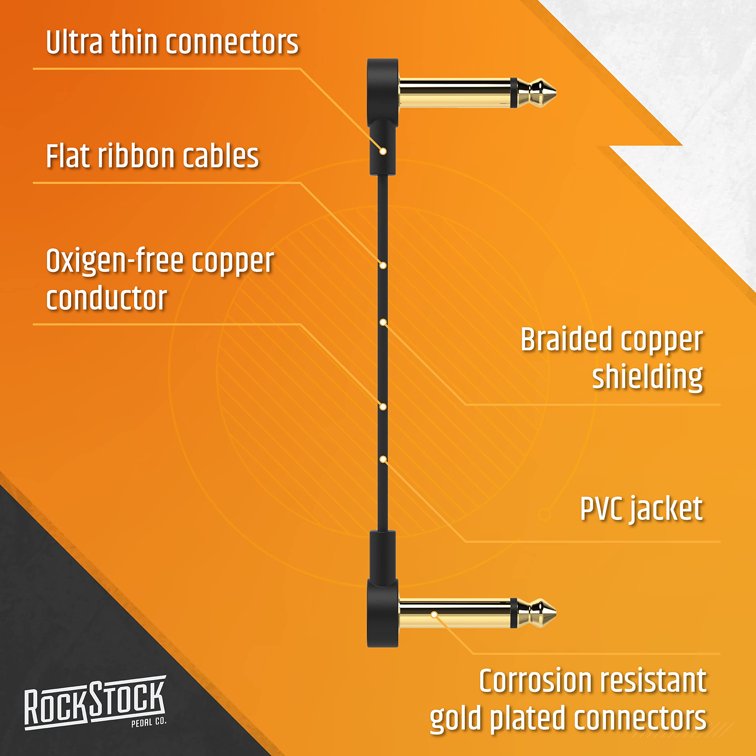 Rock Stock Guitar Flat Patch Cables   18 Inch C Shape Effect Pedal Cables   Black With Durable Gold Plated Connectors, Maximize
