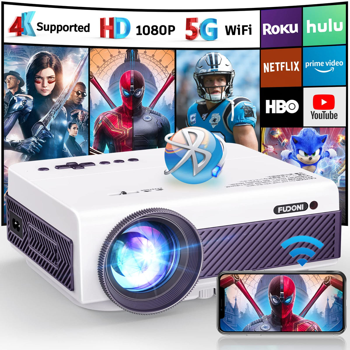 Projector With Wifi And Bluetooth, Fudoni 5G Wifi Native 1080P Outdoor Projector 15000L Support 4K, Portable Movie Projector Wit