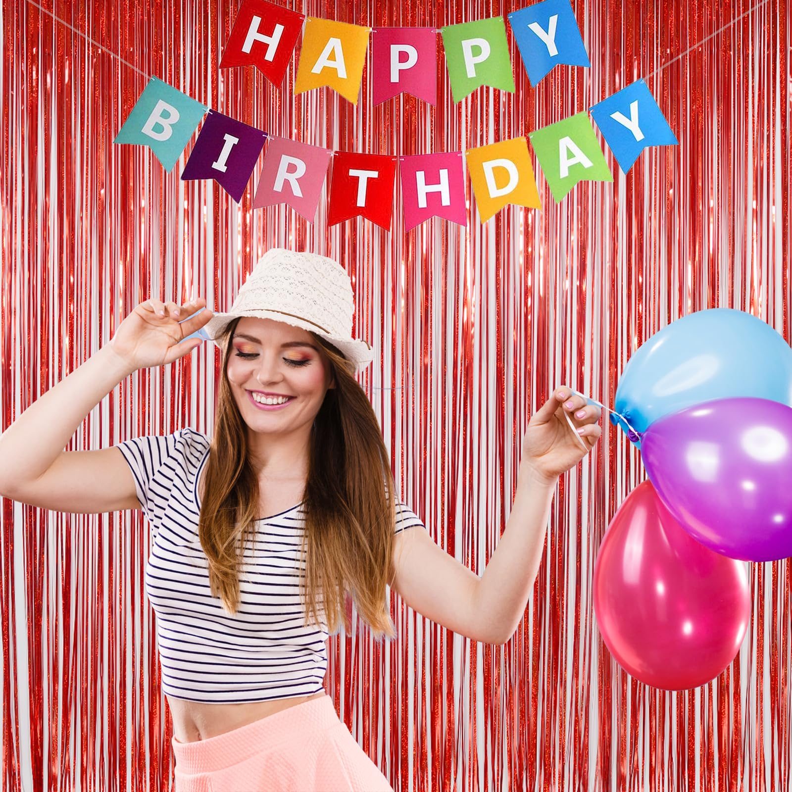 Red Foil Fringe Curtain Party Decorations, Melsan 3.2 X 8 Ft Metallic Tinsel Curtains Streamer Backdrop For Christmas, Birthday,