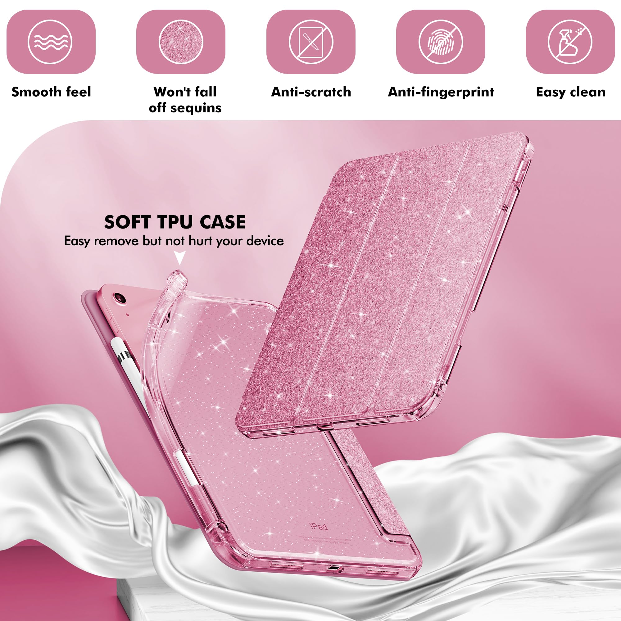 Infiland Case For Ipad A16 11 Inch 11Th Generation, Ipad 10Th Generation Case 10.9 Inch For Kids, Girls, Cute Glitter Cover With Sparkly Crystal Clear Back, Pencil Holder, Rose Pink