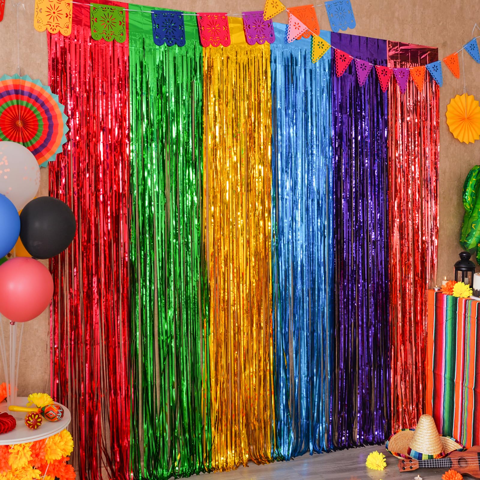 Mega L Fiesta Party Decorations Foil Curtain Backdrop 4 Pack Mexican Party 3.3X6.6Ft Tinsel Streamers Photo Booth Props For Cinc
