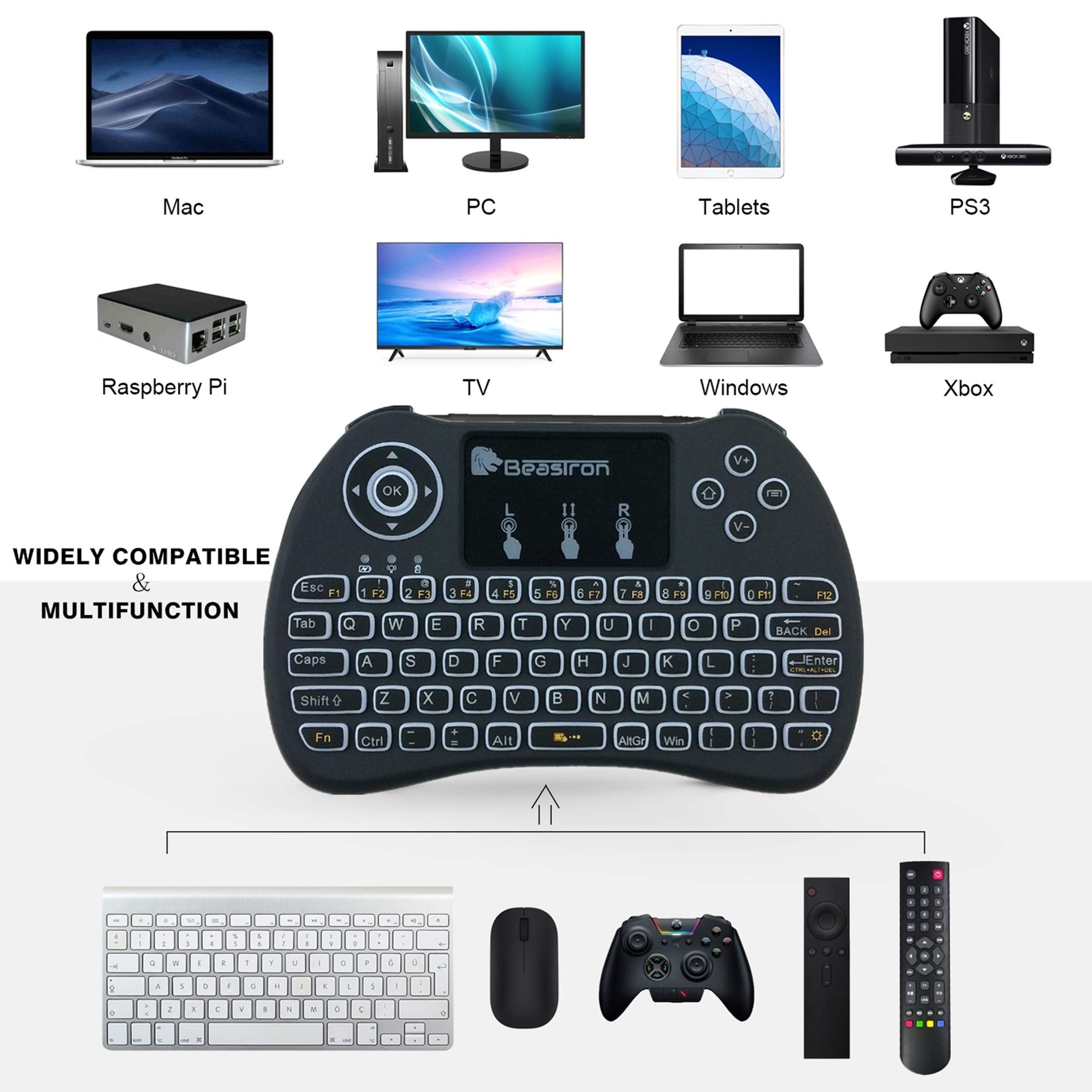 Beastron (Upgraded) 2.4G Mini Wireless Keyboard With Touchpad Mouse&Qwerty Keyboard, Backlit Portable Keyboard Wireless With Rem