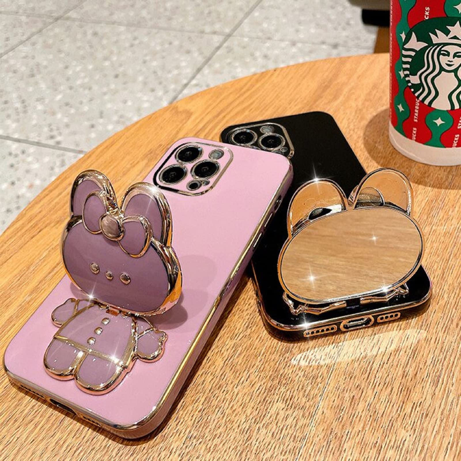 MintBear iPhone 14 Pro Cute Bunny Hidden Stand Phone Case Soft TPU Shockproof Lilac