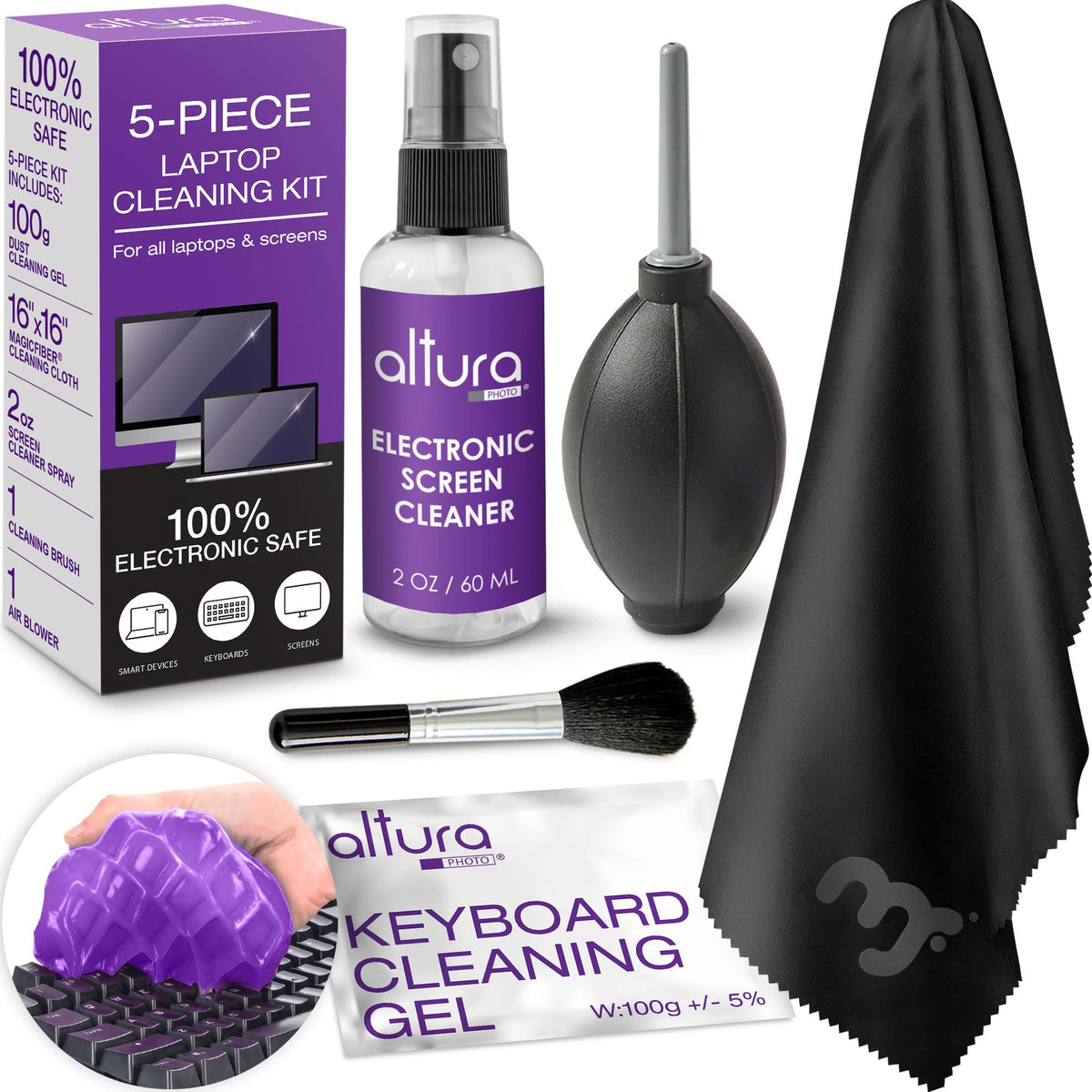 Professional Laptop Cleaning Kit Computer Screen & Keyboard Cleaner 5 Piece Electronic Cleaner With Laptop Screen Spray, Air Blo