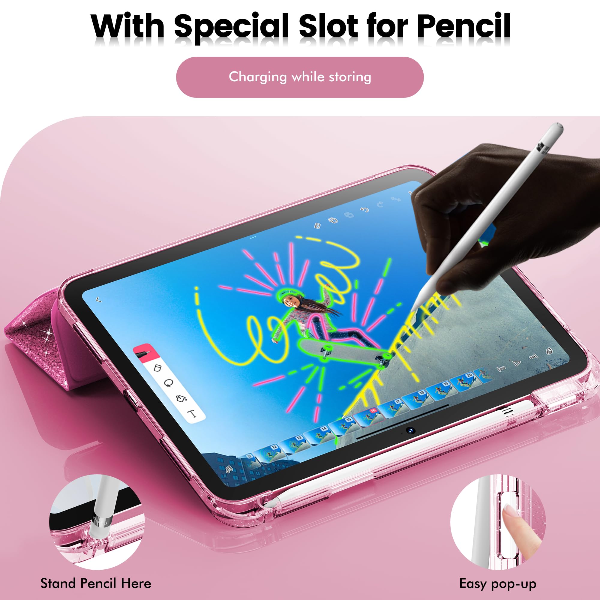 Infiland Case For Ipad A16 11 Inch 11Th Generation, Ipad 10Th Generation Case 10.9 Inch For Kids, Girls, Cute Glitter Cover With Sparkly Crystal Clear Back, Pencil Holder, Rose Pink