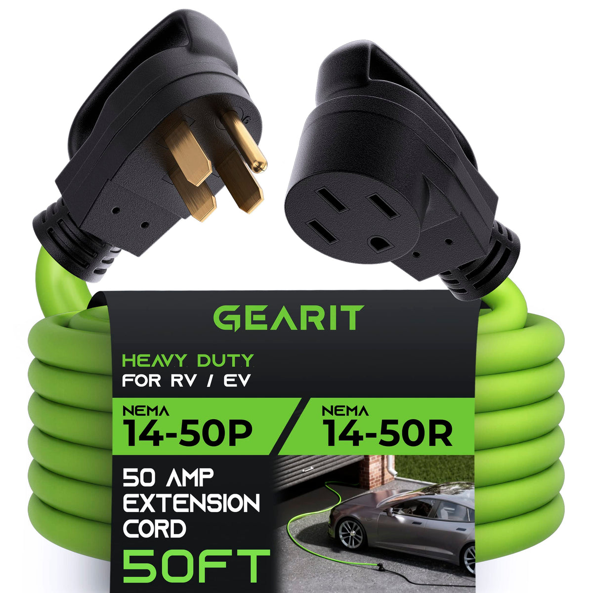 Gearit 50 Amp Extension Cord For Rv And Ev (50 Feet) 4 Prong 250 Volt, Tesla Model 3/S/X/Y, Nema 14 50P To 14 50R 6/3, 8/1 Stw A