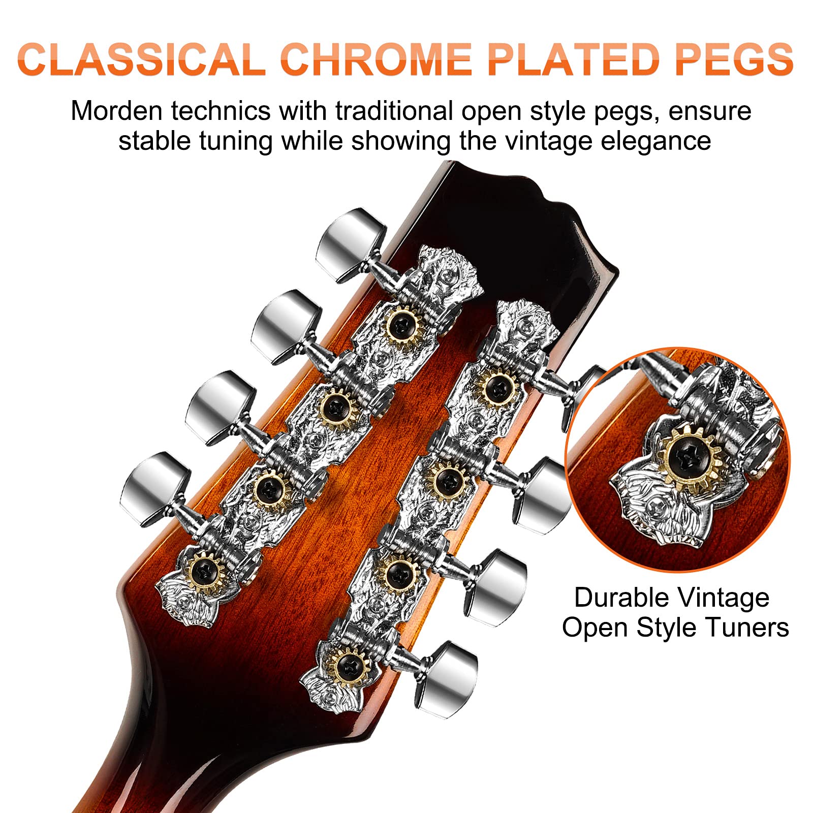 Vangoa Left Handed Mandolin Musical Instrument, Acoustic 8 String Mandolin A Style For Left Hand Beginners, Sunburst