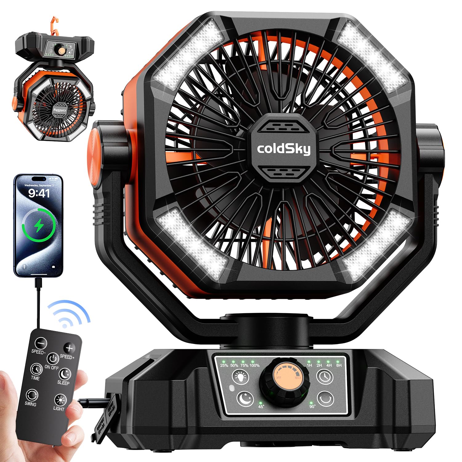 Coldsky ???????????????? Camping Fan With Dual Motor, Battery Operated Fan With 4 Led Lantern, 8 Speeds Desk Fan With Remote, Po