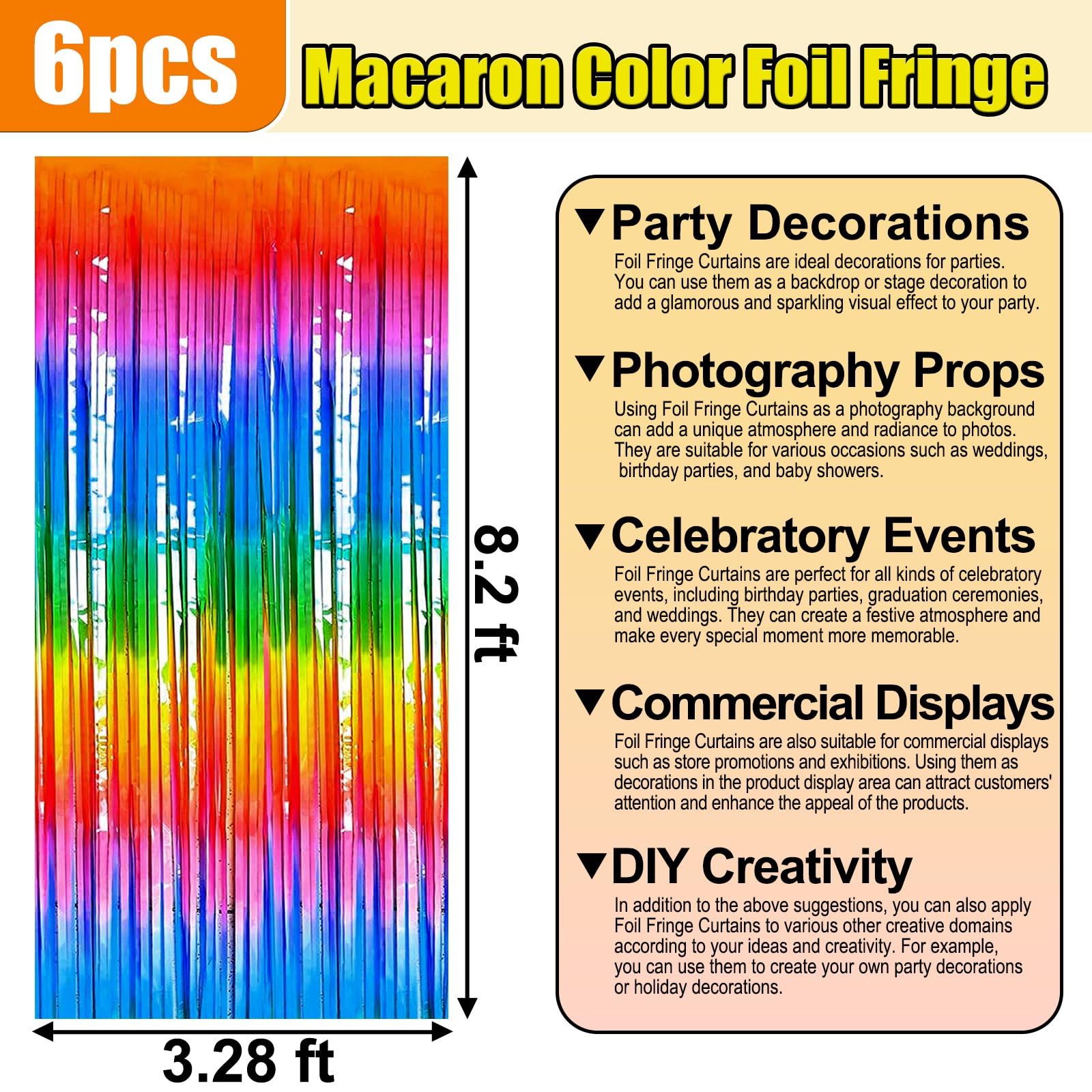 6 Pack Dark Rainbowfoil Fringe Curtain Backdrop, 3.28Ft X 8.2Ft Metallic Tinsel Foil Fringe Streamer Curtains For Photo Booth, C