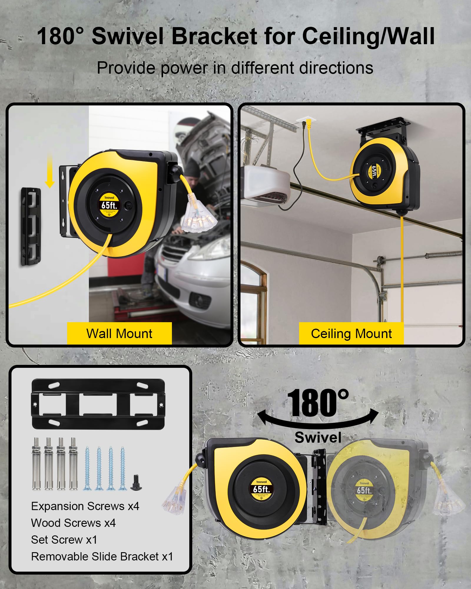 Treewell 65Ft Retractable Extension Cord Reel, 12Awg/3C Sjtow Heavy Duty Power Cord With Lighted Triple Outlets, 15A Circuit Bre