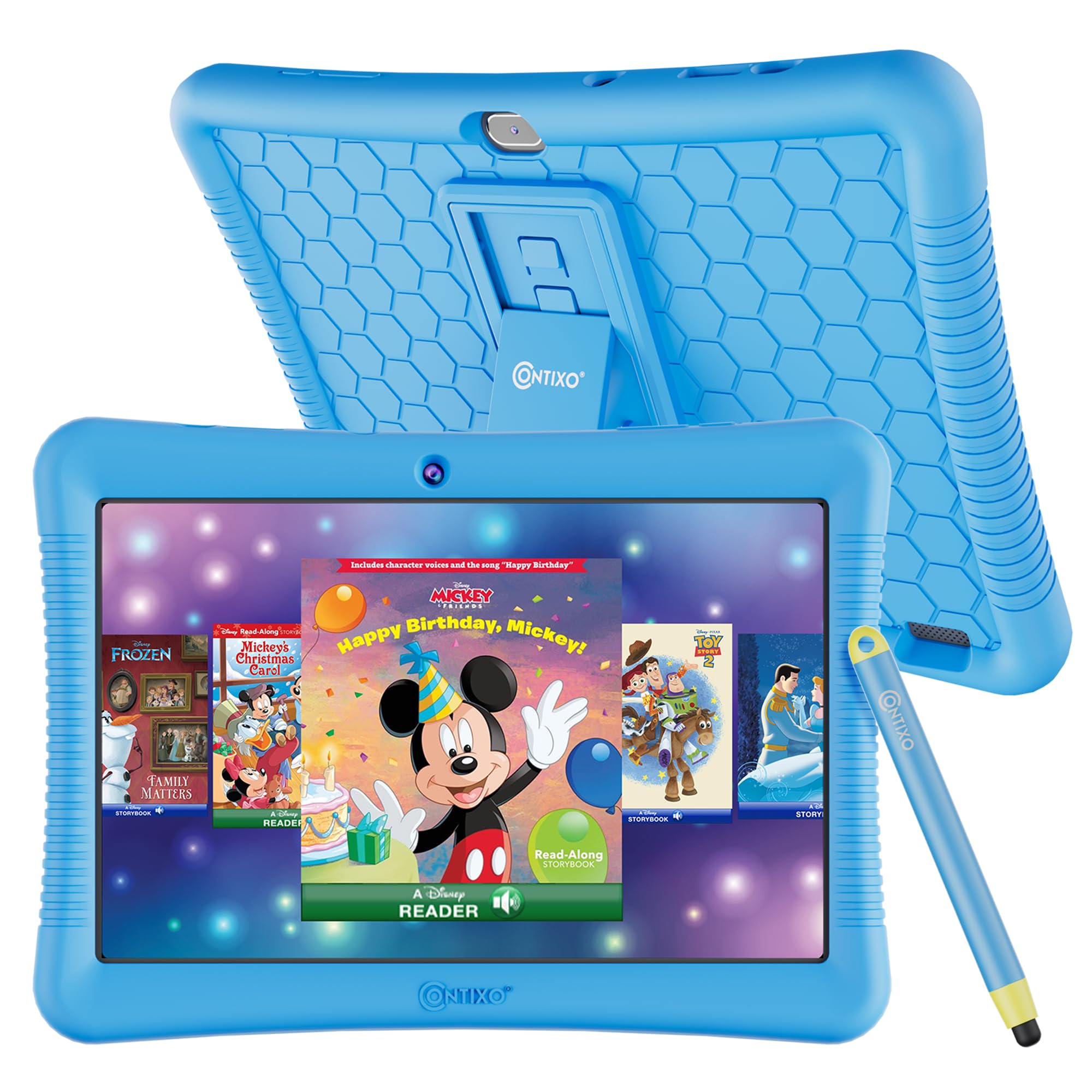 Contixo 10' Android Kids Tablet 32Gb, Includes 80+ Disney Storybooks & Stickers, Parental Controls, Kid Proof Case With Kickstand & Stylus, (2024 Model)   Blue