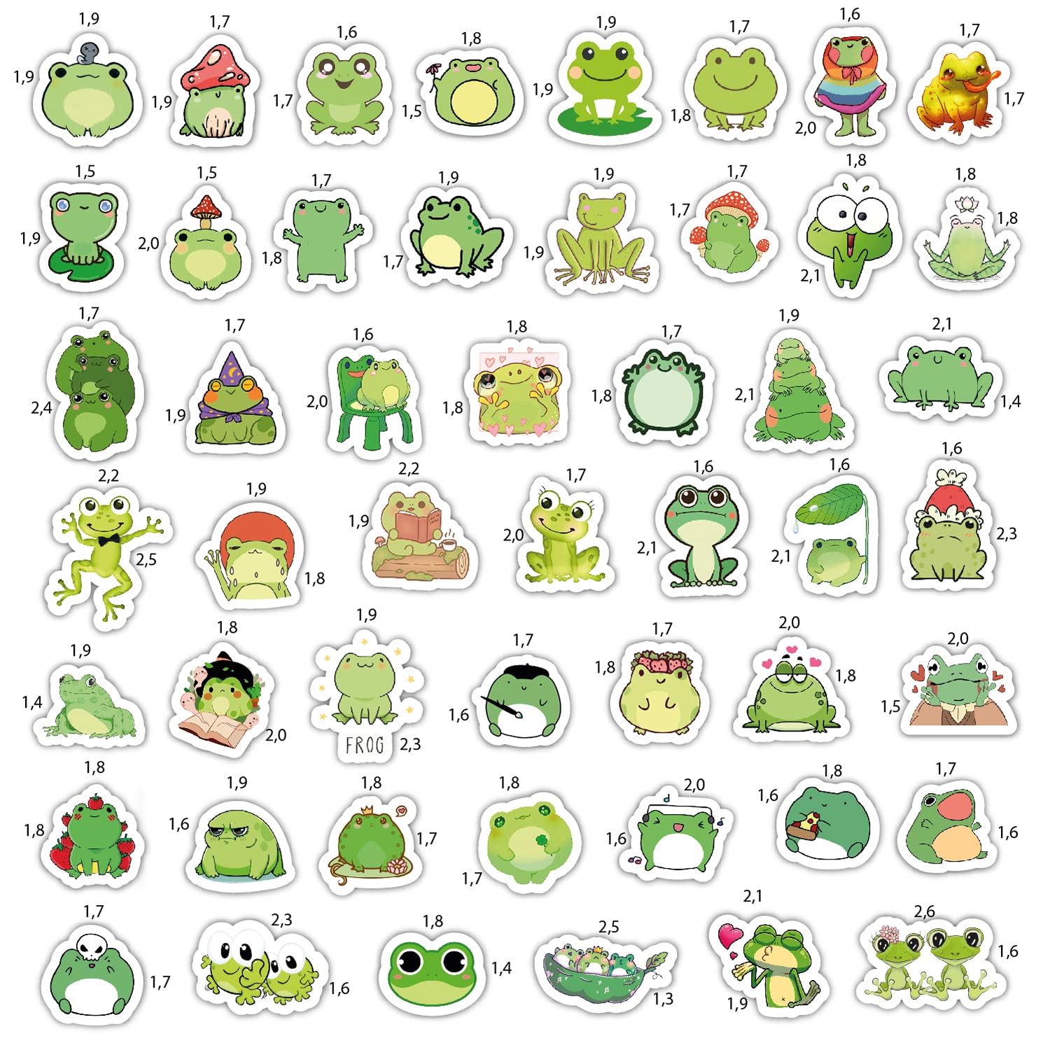 Bulbacraft Kawaii Frogs Stickers Set, 50 Pcs Green & White Vinyl Decals For Kids, Waterproof, Scratch Resistant, Indoor Usage, S