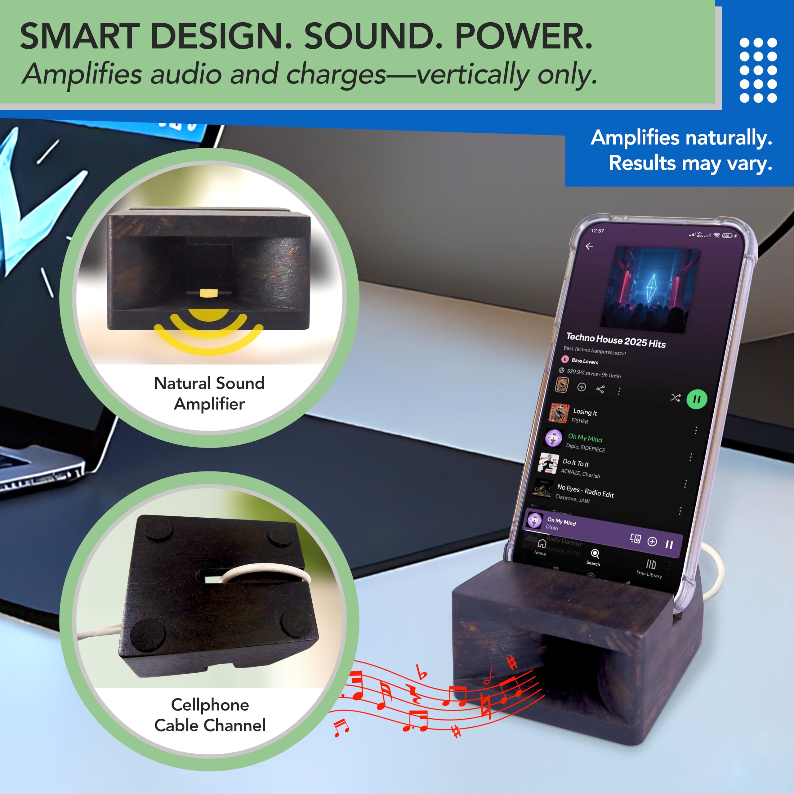 Ecoleafy Dot Wooden Phone Stand- Cellphone Stand For Desk, Bedside Or Nightstand- Minimalist Phone Amplifier Suits Android Or Ip