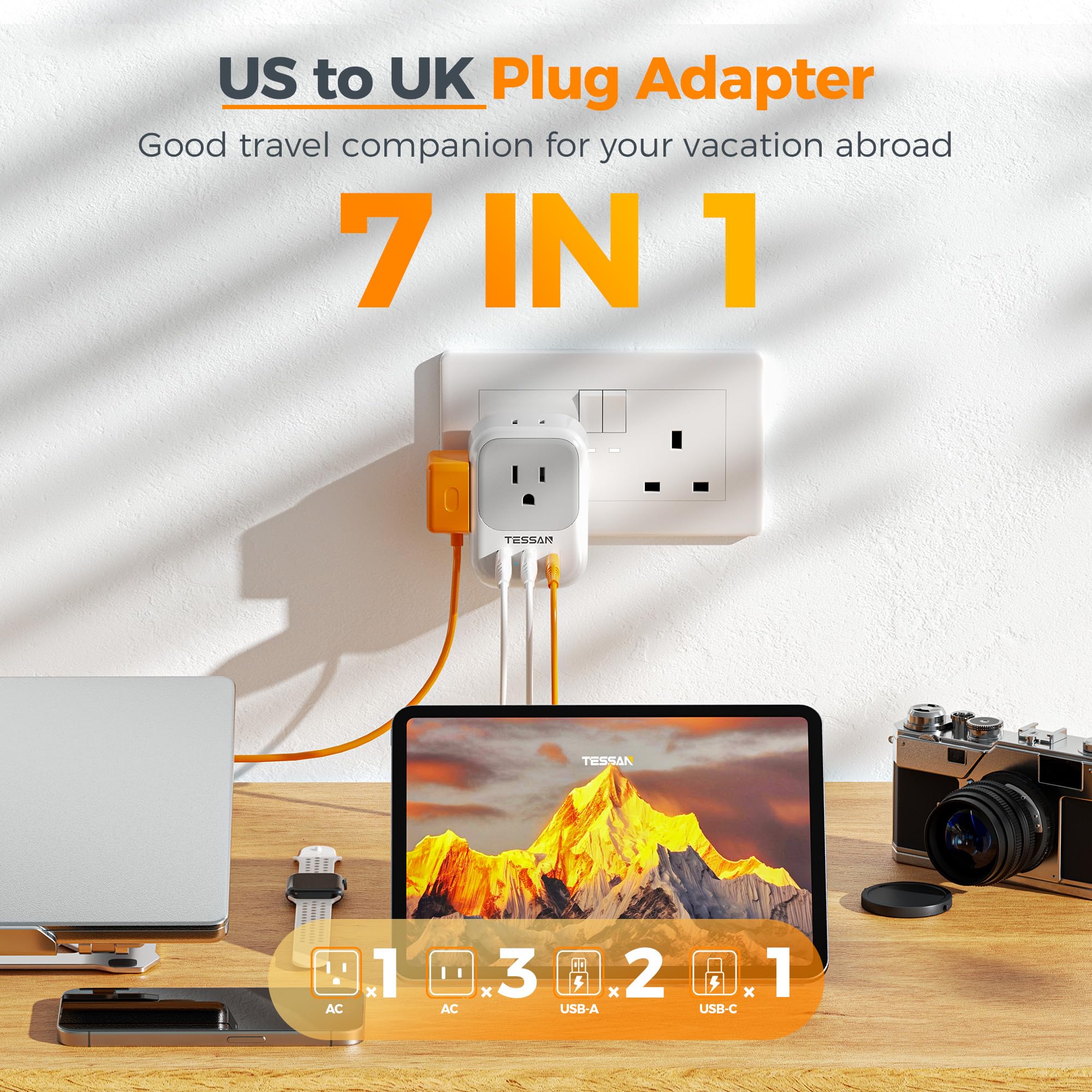 Uk Adapters For Travel, Tessan Us To Uk Travel Plug Adapter, Foldable Power Adaptor With 4 Outlet 3 Usb(1 Usb C Pd 20W), Type G