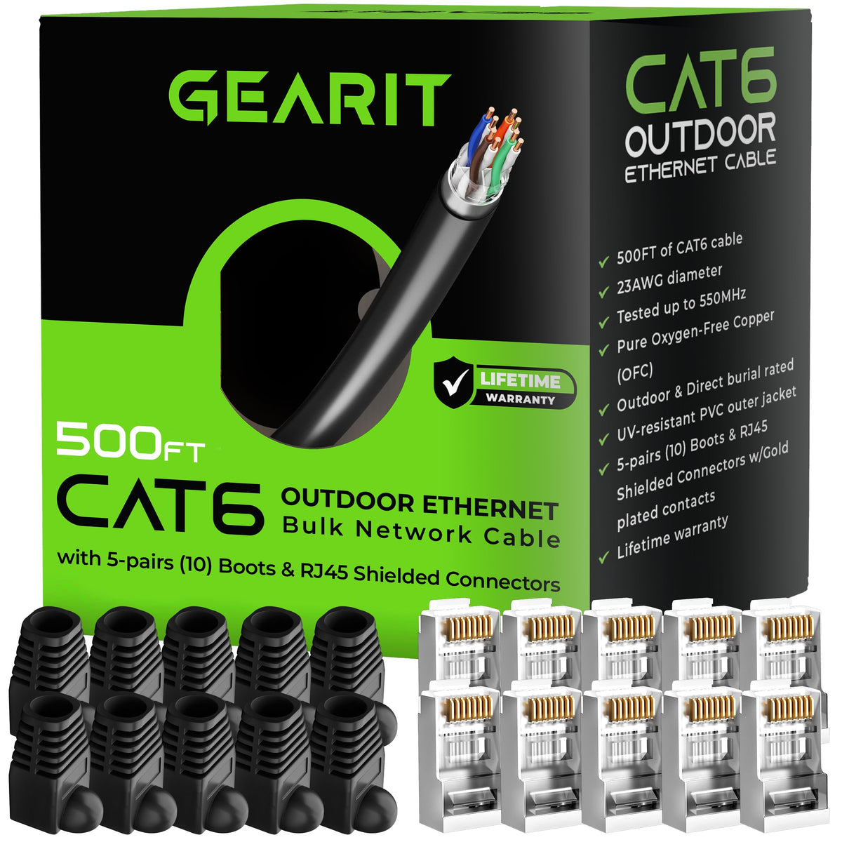 Gearit Cat6 Outdoor Ethernet Cable (Cat 6 Diy Kit   500Ft Bulk Cable | X10 Rj45 | X10 Boot) 23Awg Ofc Pure Copper, Ftp, Lldpe, W