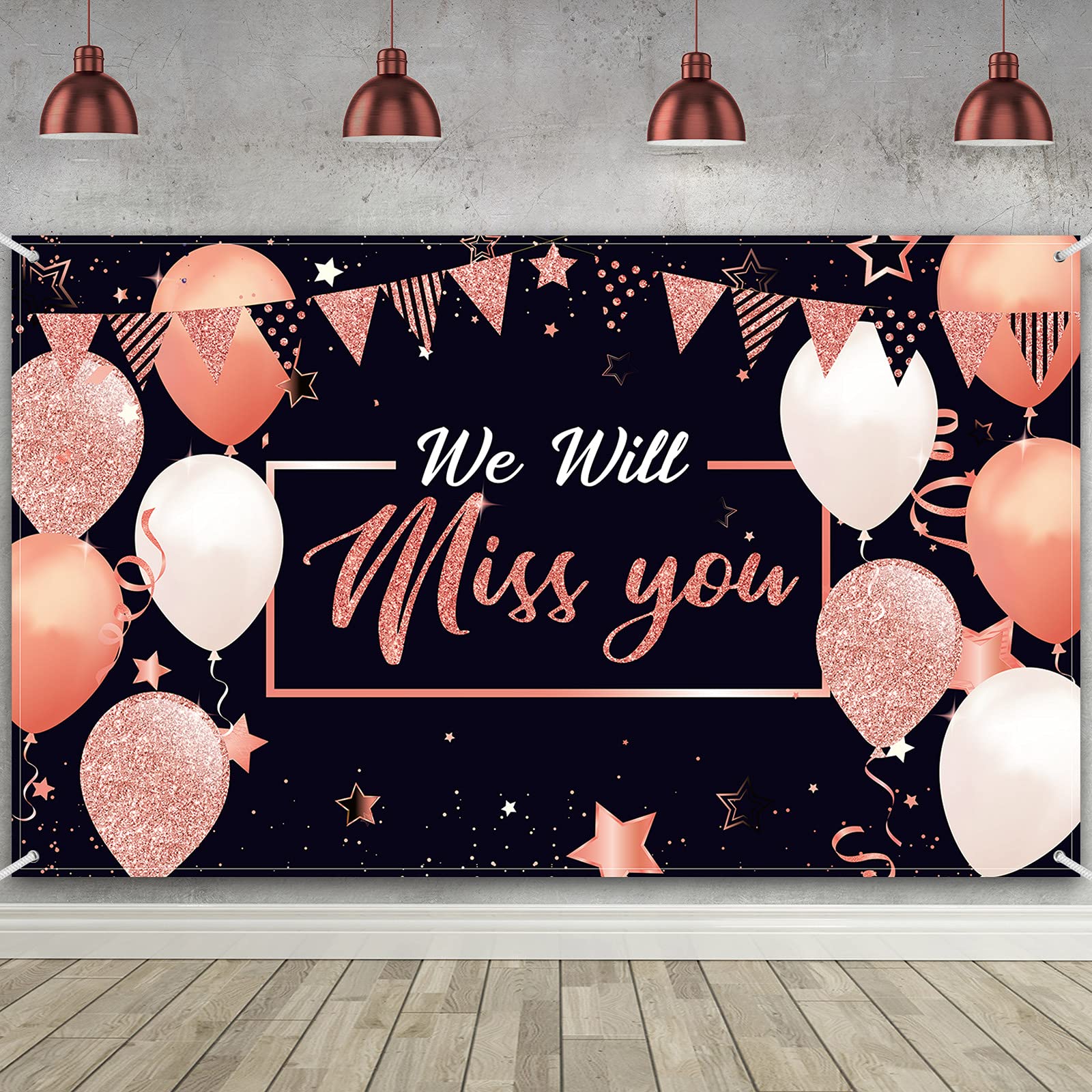 We Will Miss You Party Decorations, Extra Large Going Away Party Backdrop Miss You Photography Background Banner For Farewell Anniversary Retirement Graduation Party, 72.8 X 43.3 Inch (Rose Gold)