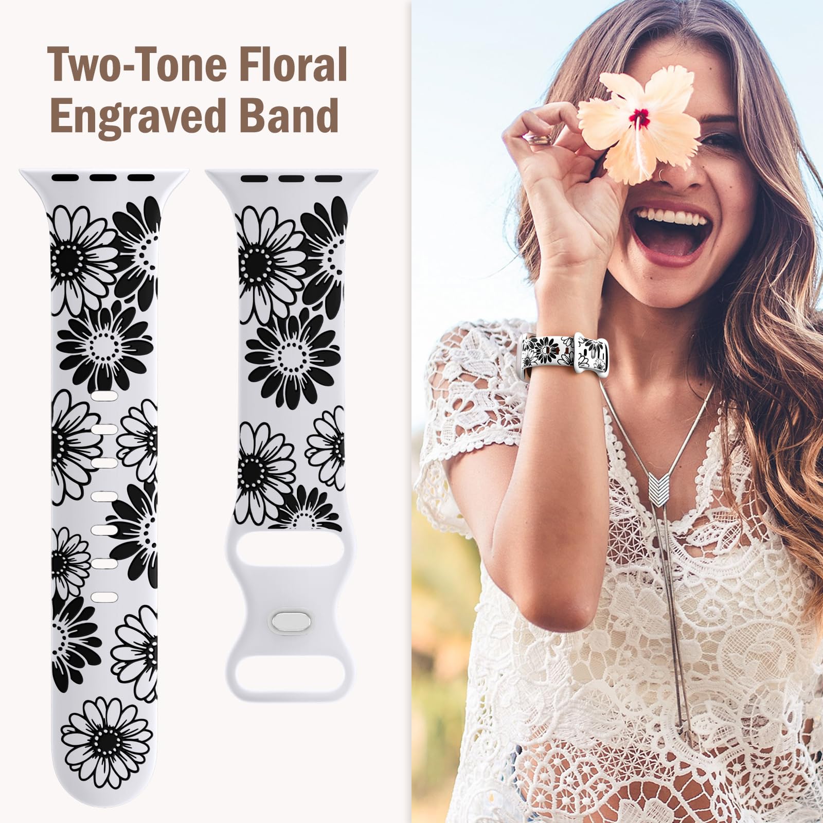 Daqin Compatible With Apple Watch Band 44Mm 45Mm 42Mm 49Mm For Women Men,Cute Floral Engraved Iwatch Band Soft Silicone Sport St