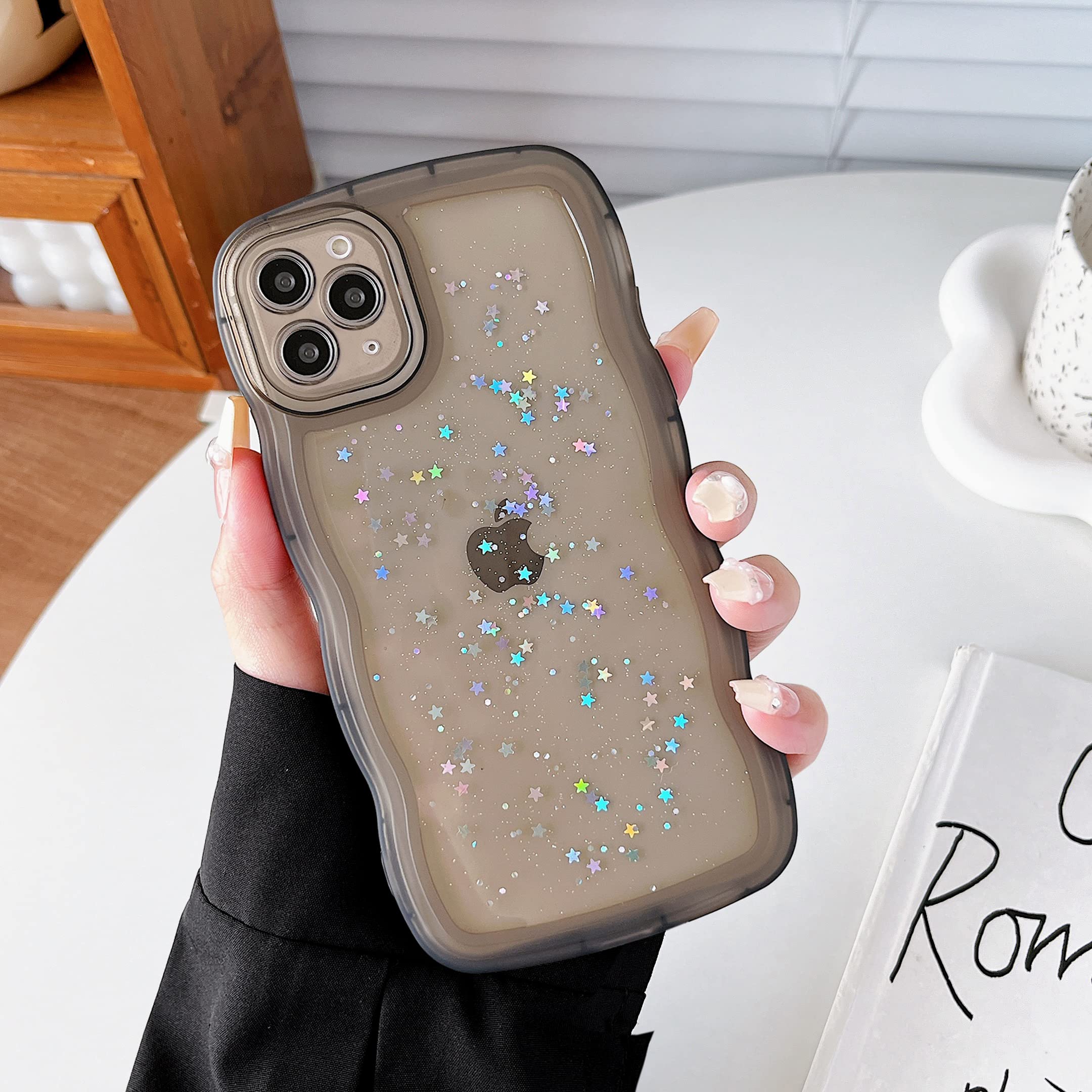 Qokey For Iphone 11 Pro Case 5.8'' Curly Wave Edge Design Transparent Bling Glitter Star Shiny Case Cute Clear Transparent Full