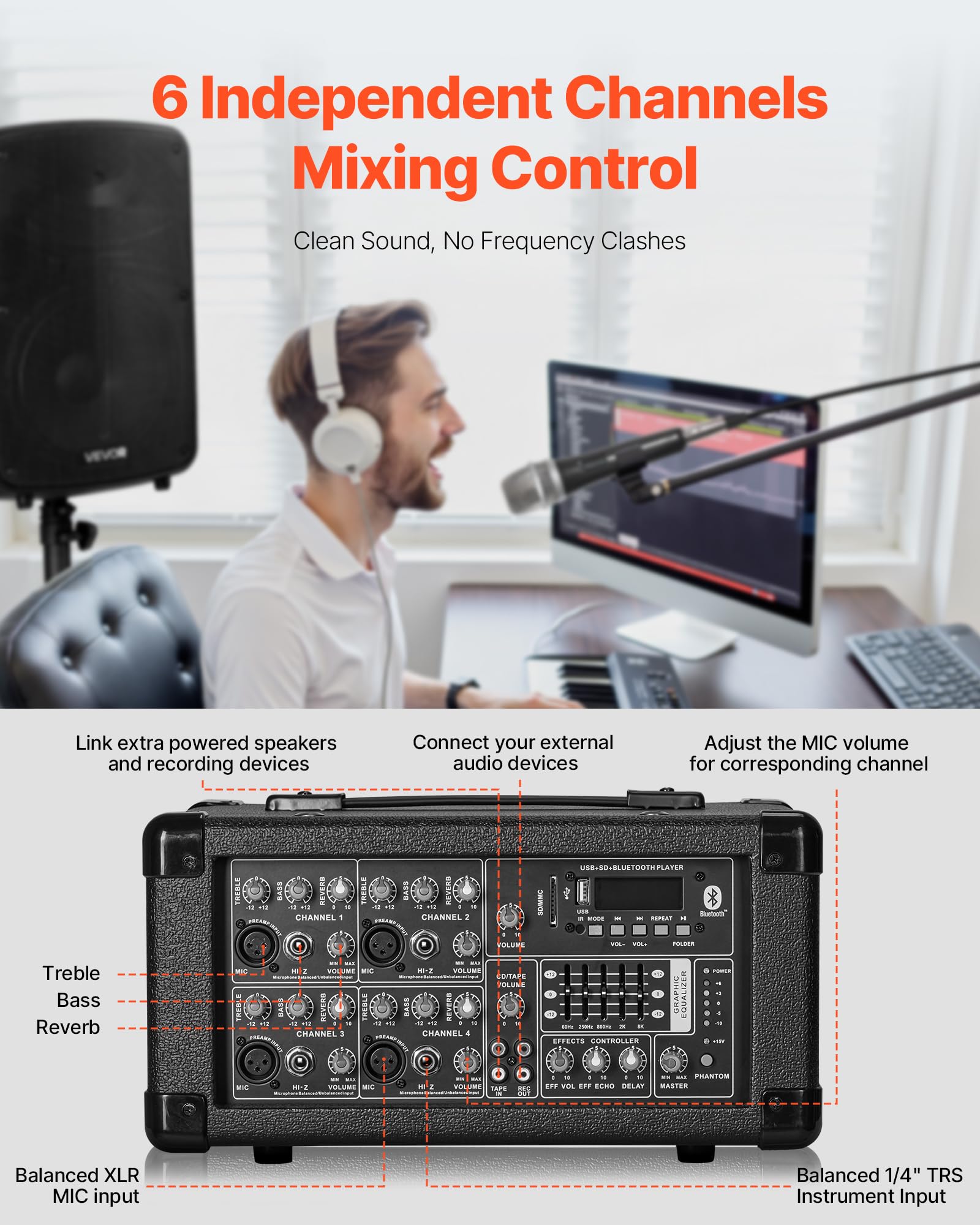 Vevor Portable Pa System With Wireless Microphone & Speakers, 800W Bluetooth Pa System, 6-Channel Mixer, Dual 10 Speakers, Usb/S