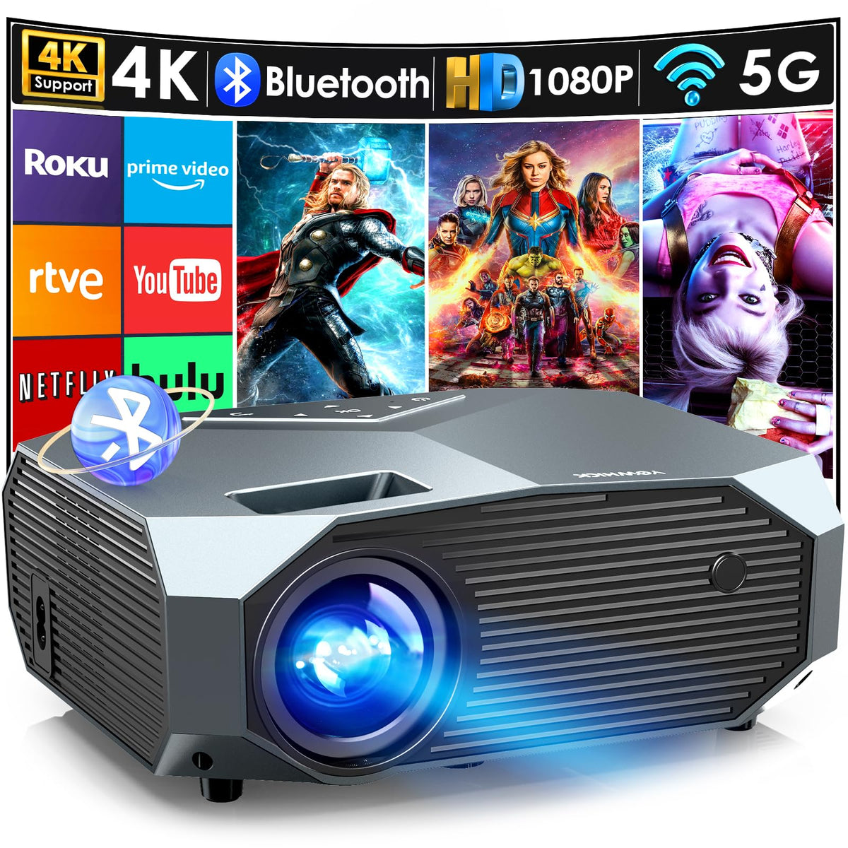 Yowhick 4K Projector With Wifi And Bluetooth, 12000L Native 1080P Outdoor Portable Movie Projector, Smart Video Projector, 50% Z