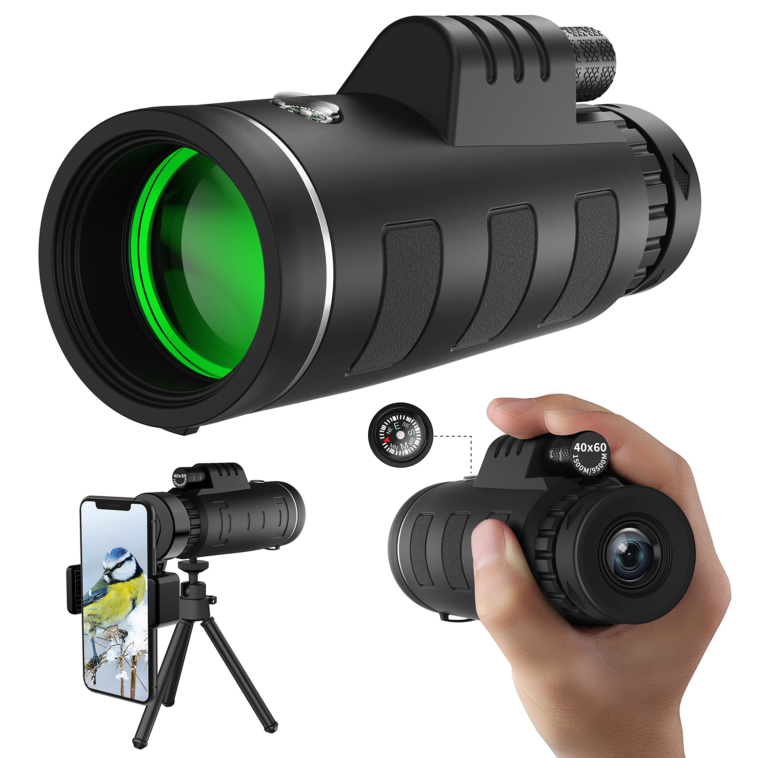 Jiasifu 40X60 High Definition Monocular Telescope With Smartphone Adapter, Bak4 Prism Fmc Monocular With Clear Low Light Vision