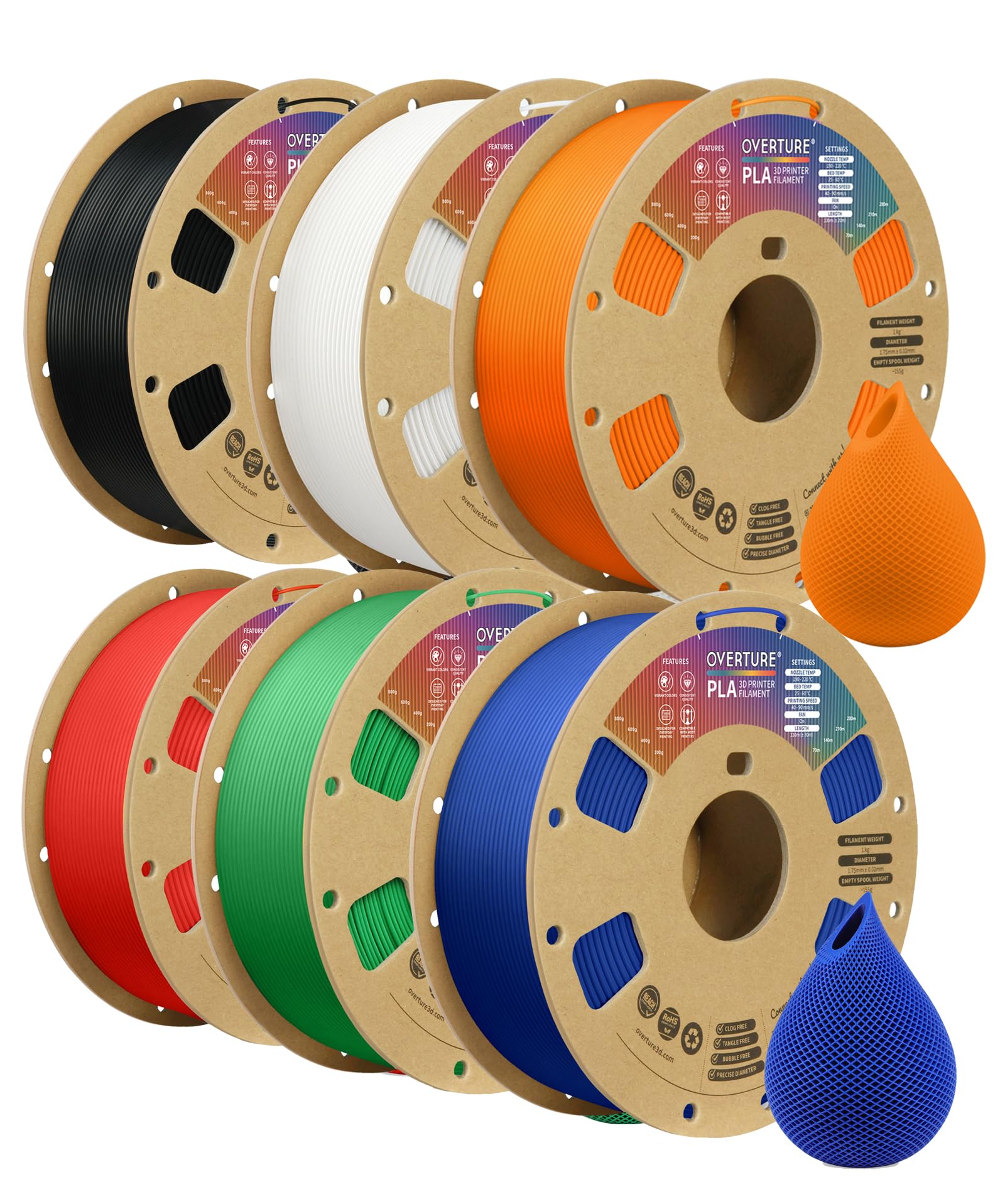 OVERTURE 6KG Bundle PLA Filament 1.75mm, Neatly Wound 3D Printer Filament 6 Pack 1kg Spool (2.2lbs), Dimensional Accuracy +/- 0.