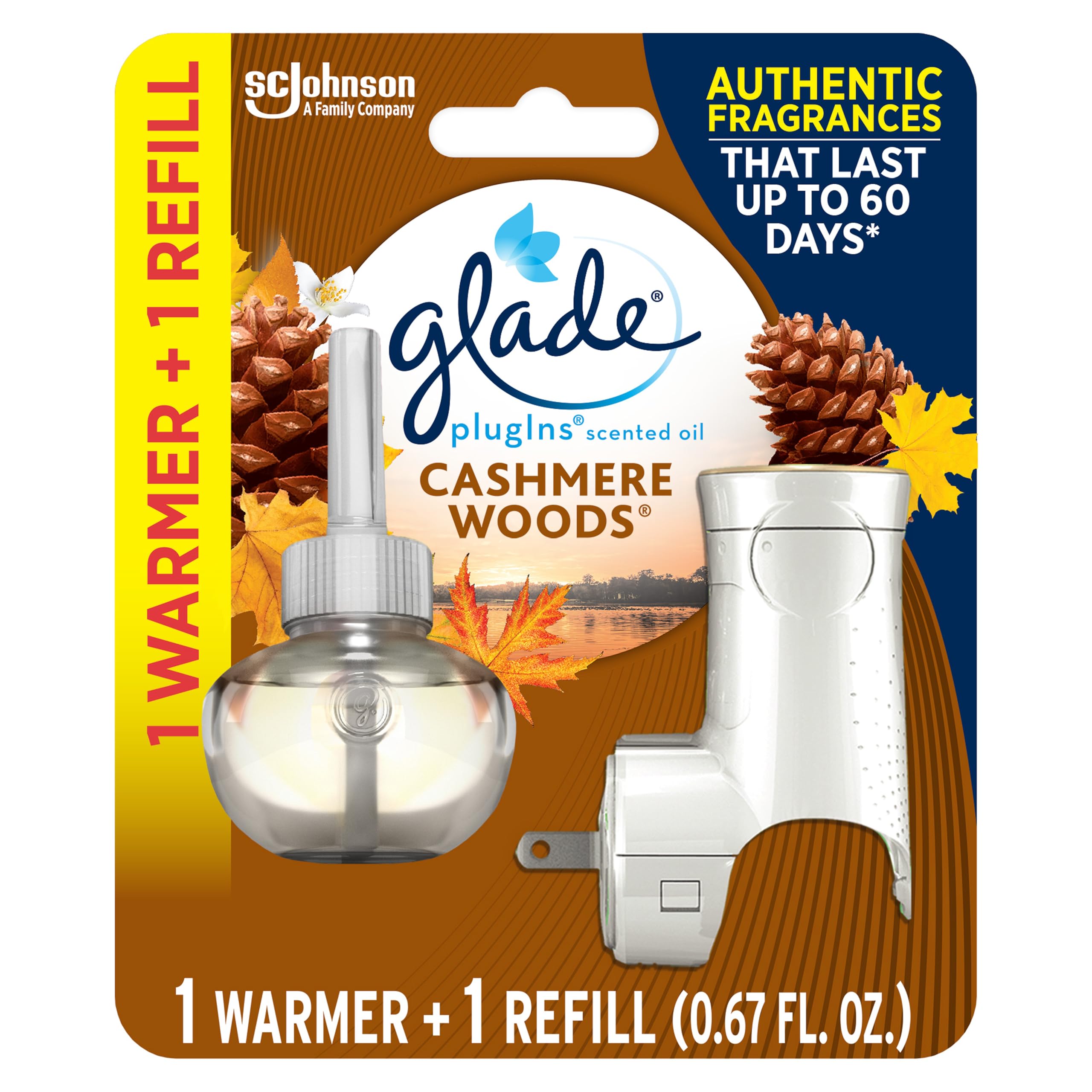 Glade Plugins Refills Air Freshener Starter Kit, Scented And Essential Oils For Home And Bathroom, Cashmere Woods, 0.67 Fl Oz, 1