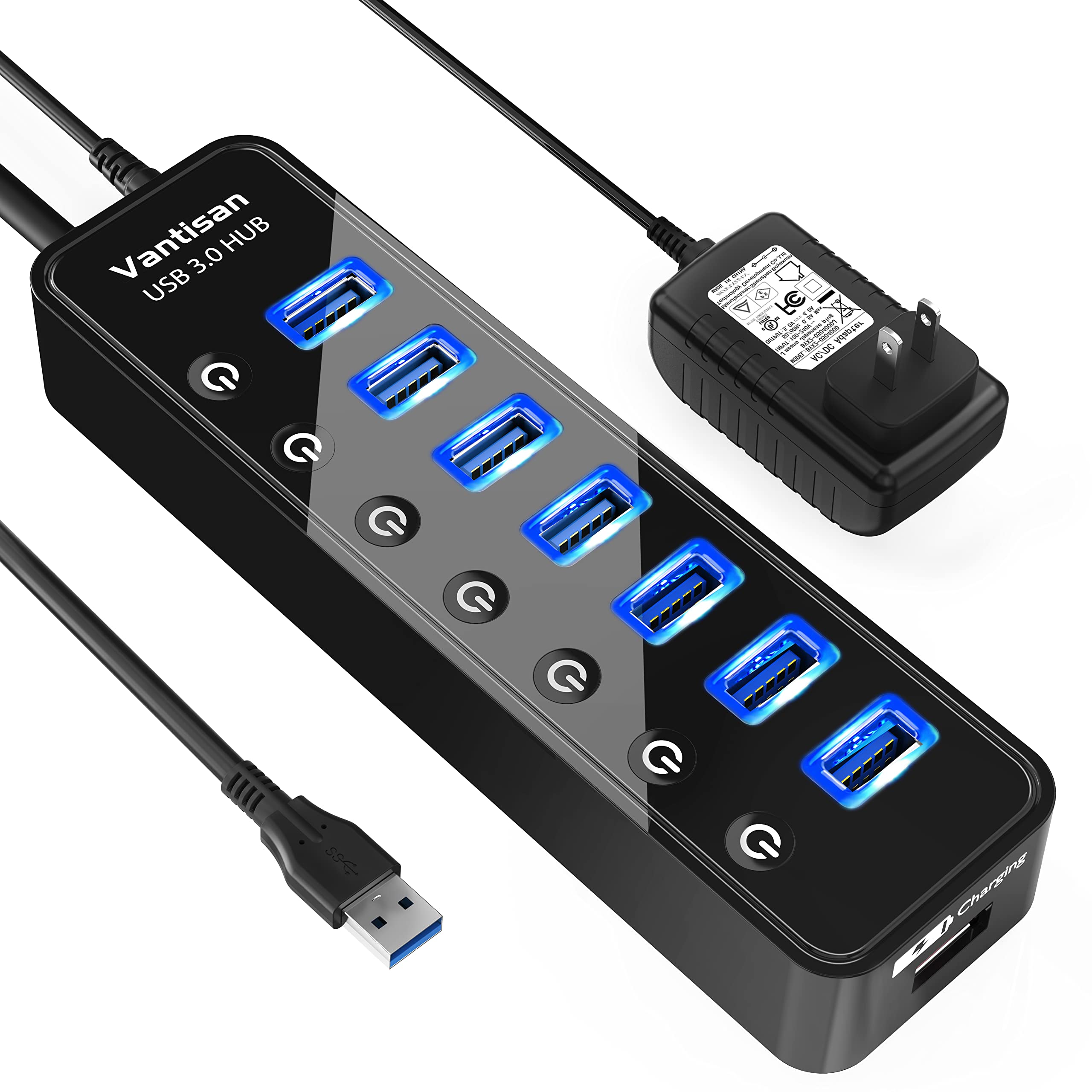 Vantisan Usb Hub 3.0 Powered, 7 Ports Usb Data Hub Splitter With One Smart Charging Port And 5V/4A Powered Adapter And On/Off Sw