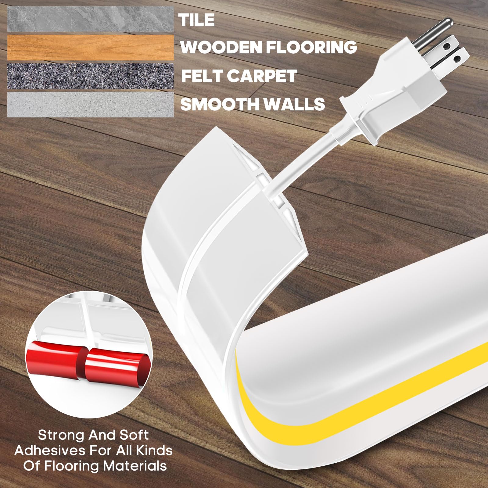 Chudeng 10ft Self-Adhesive Floor Cord Cover 3 Channels TPE White 2"W x 0.6"H