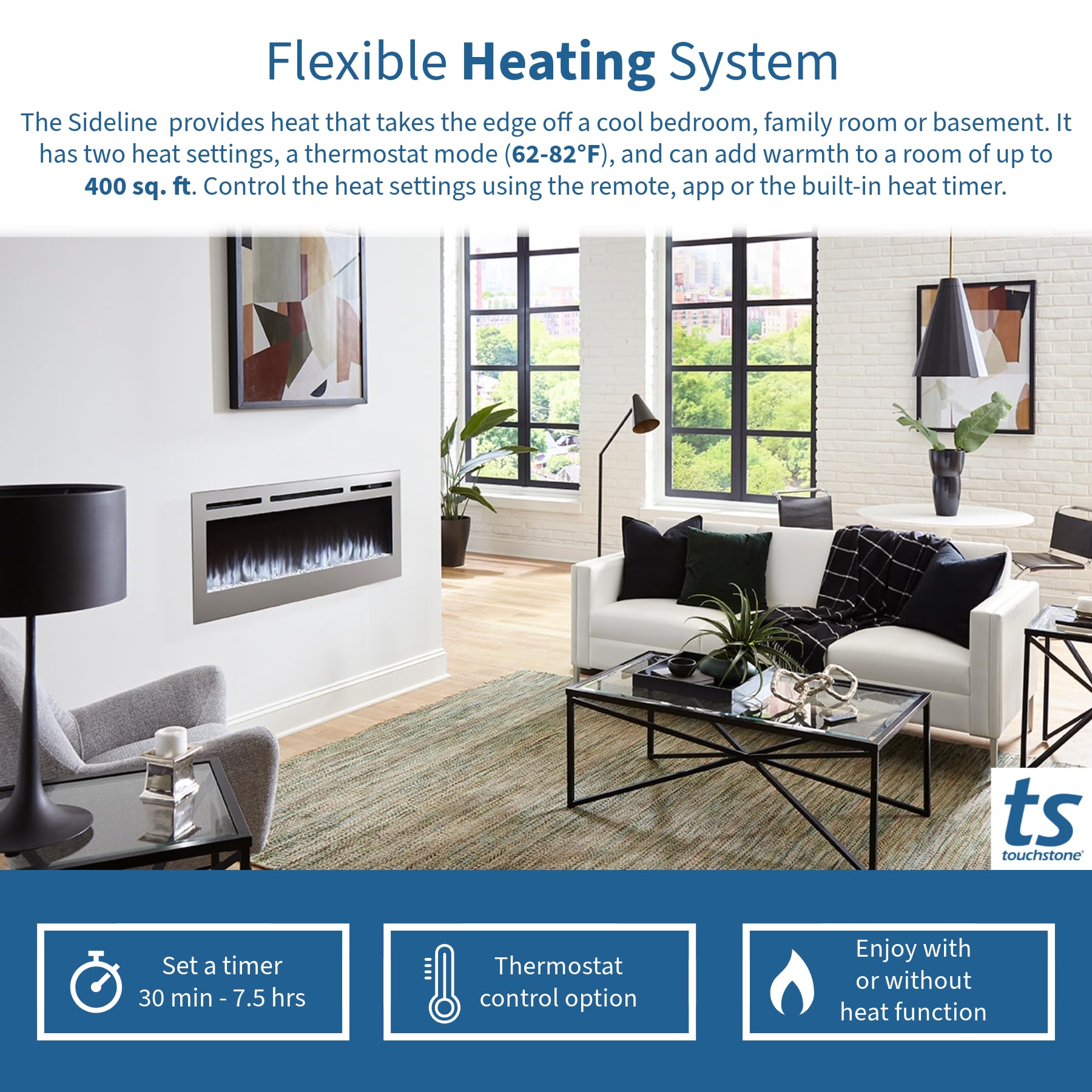 Touchstone Sideline Deluxe  Stainless Steel Smart Electric Fireplace  60 Inch Wide  Alexa/Wifi Enabled  In Wall Recessed  5 Flam