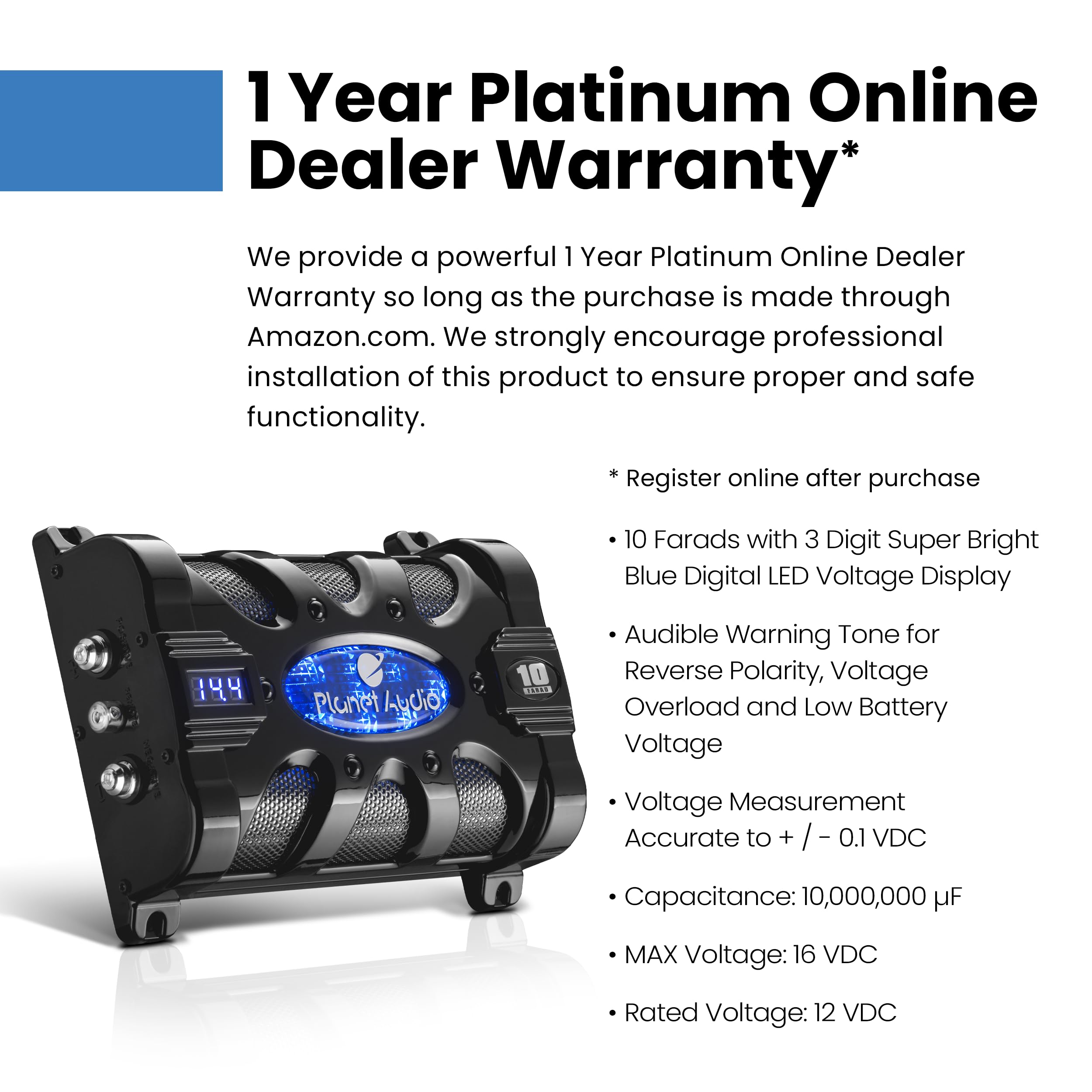 Planet Audio Pc10F Car Capacitor   10 Farad, Energy Storage, Enhance Bass From Stereo, Warning Tones, Led Voltage Meter