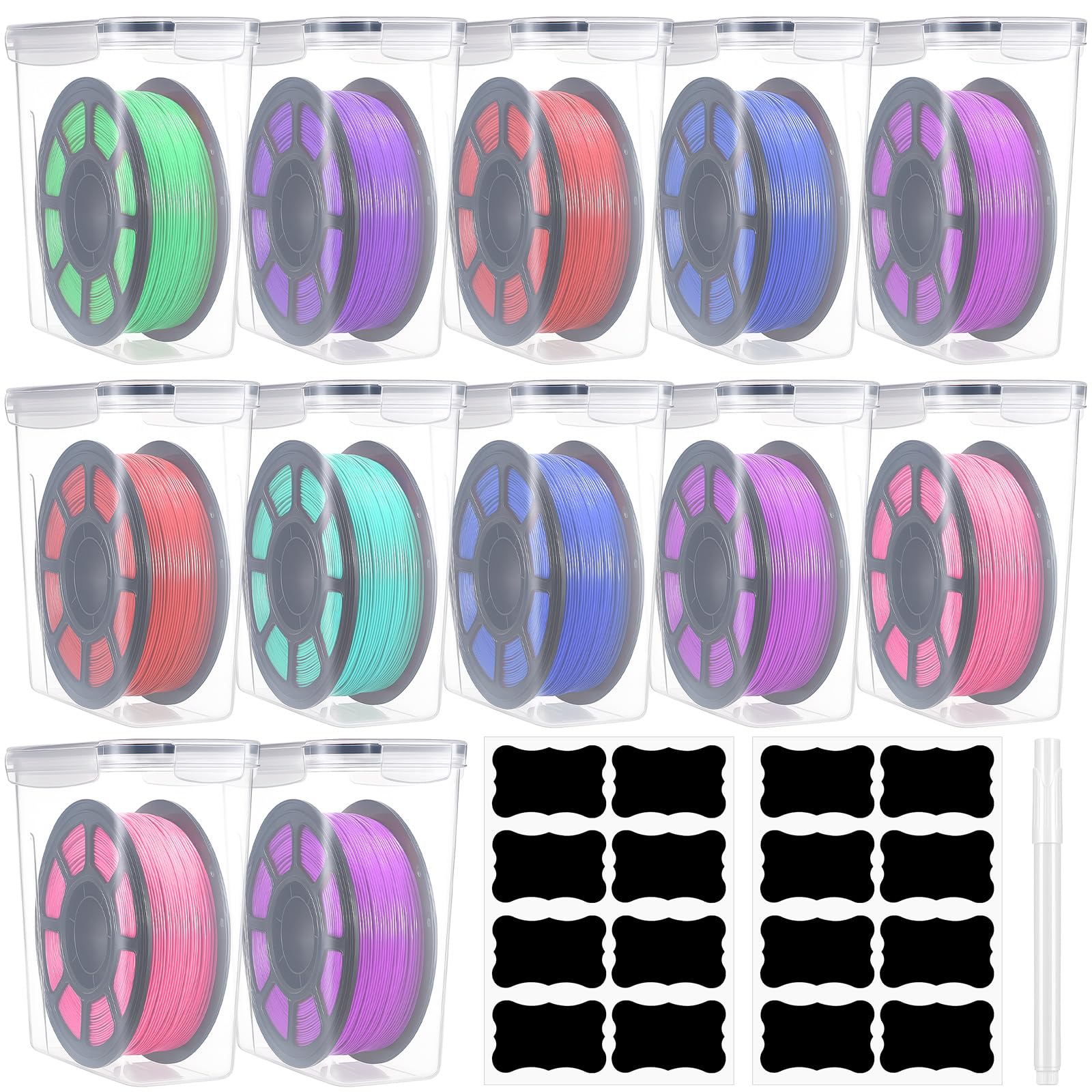 Blushtier 12 Pcs Large Filament Storage Box with Lids 3D Printer Dryer Clear Box Portable Storage with Label for 3D Printing Fil
