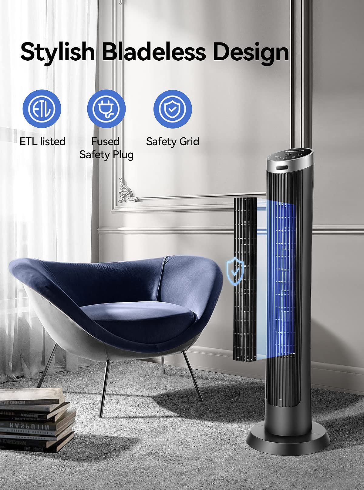 Omnibreeze Digital Electric Tower Fan, With Remote Control, Led Display, Standing Bladeless Floor Fans Cooling And Quite Indoor