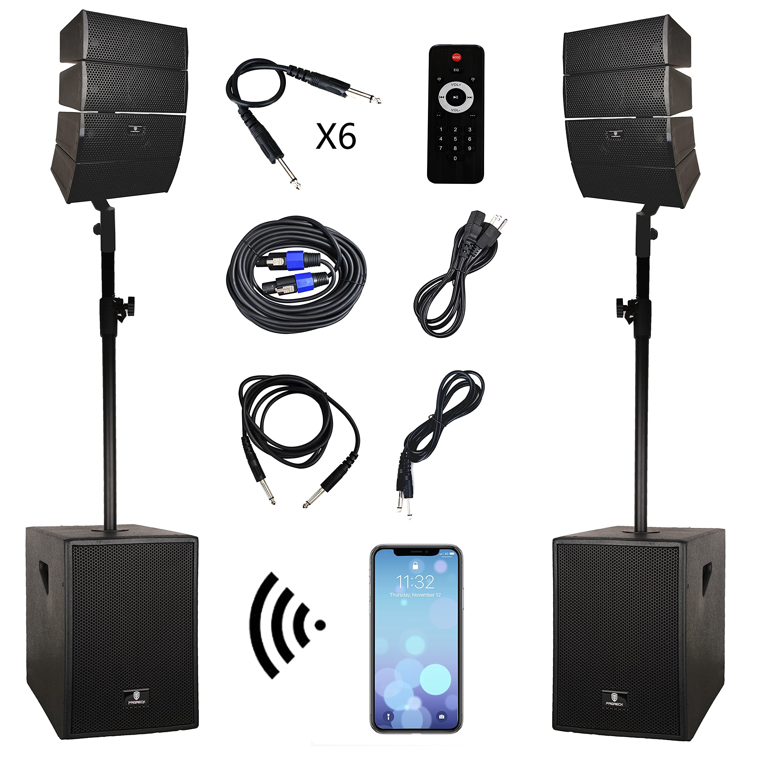 RECK 4000 Watt DJ/Powered PA Speaker System Combo Set with Bluetooth/USB/SD Card/Remote Control (Two 12-Inch Subwoofers and 8X A