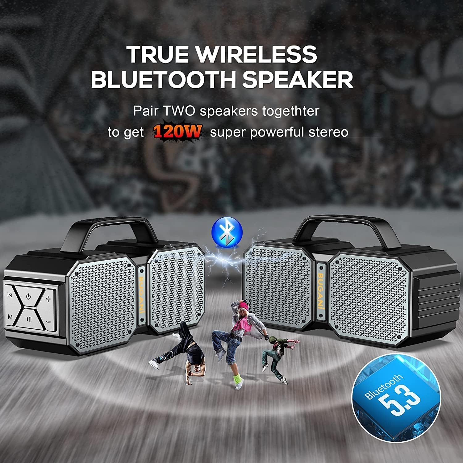 Bugani Shock Bluetooth Speaker, Portable Bluetooth 5.3, Waterproof, 60W Super Power, Outdoor Speaker, Black(New Model)