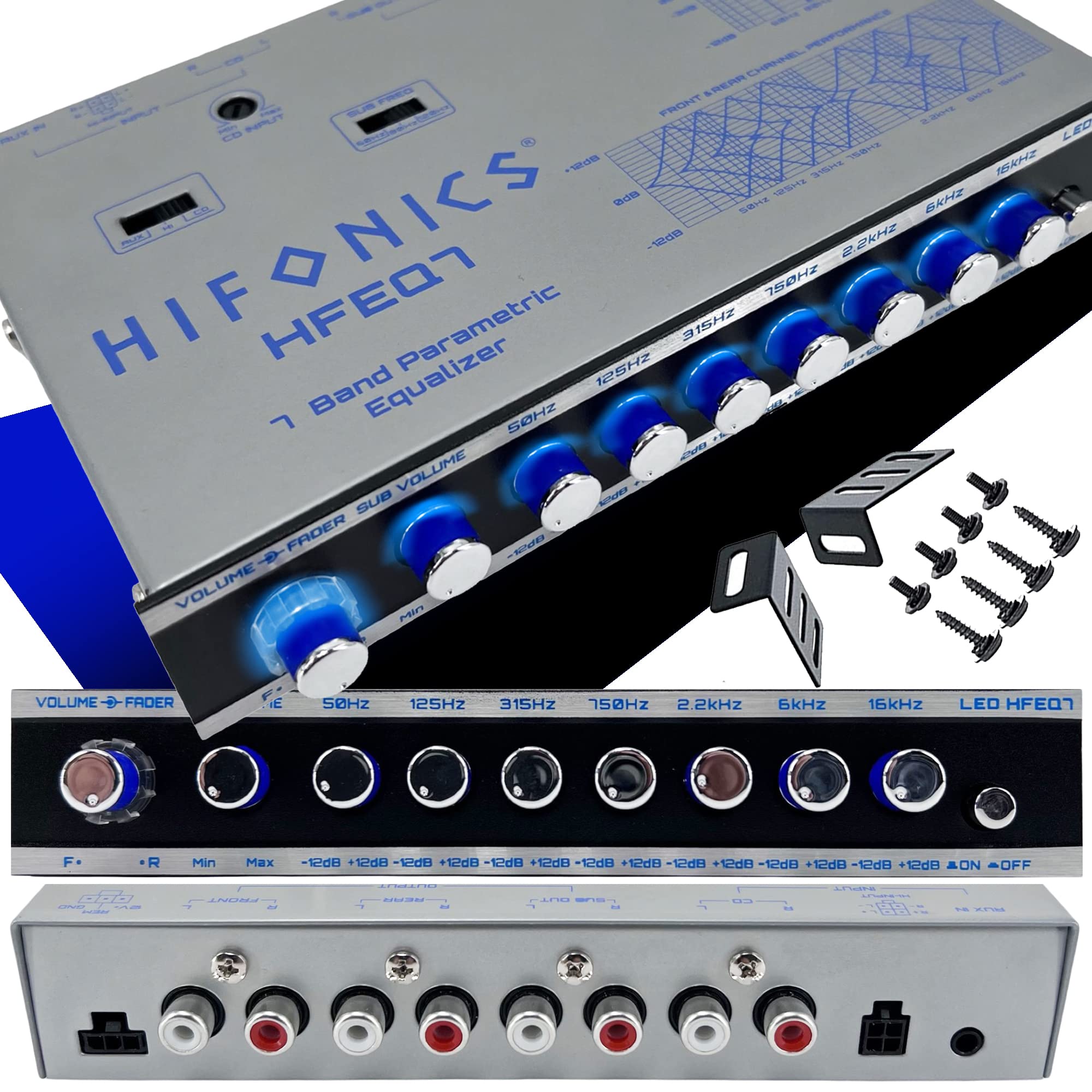 Hifonics Hfeq7 7 Band 9 Volts 1/2 Din Pre Amp Car Audio Graphic Equalizer With Front 3.5Mm Auxiliary Input, Rear Rca Auxiliary Input And High Level Speaker Inputs Black