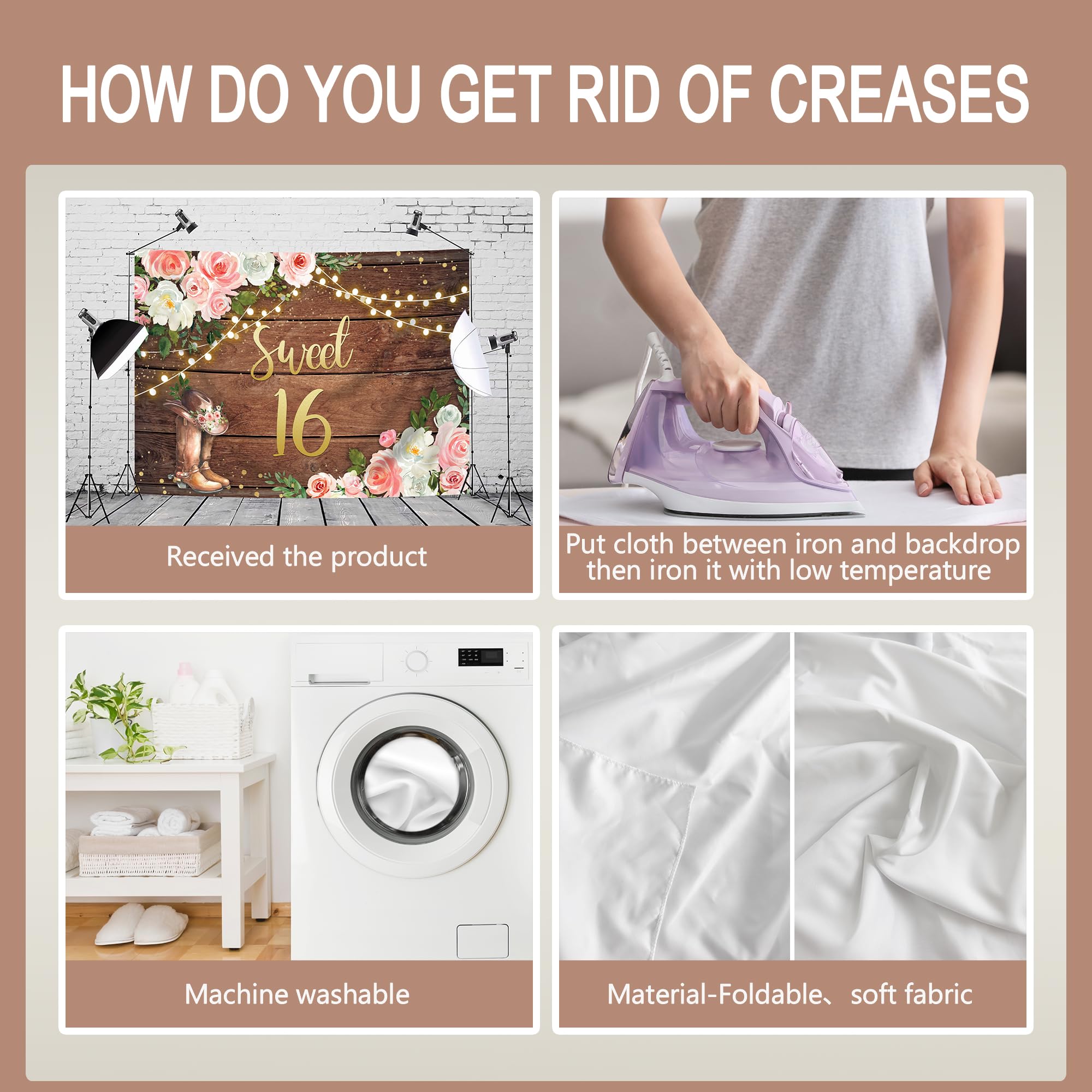 Svbright Sweet 16 Backdrop 7Wx5H Western Cowgirl Happy Birthday Rustic Country Wood Plank Pink White Floral Flower Rose Retro Bo