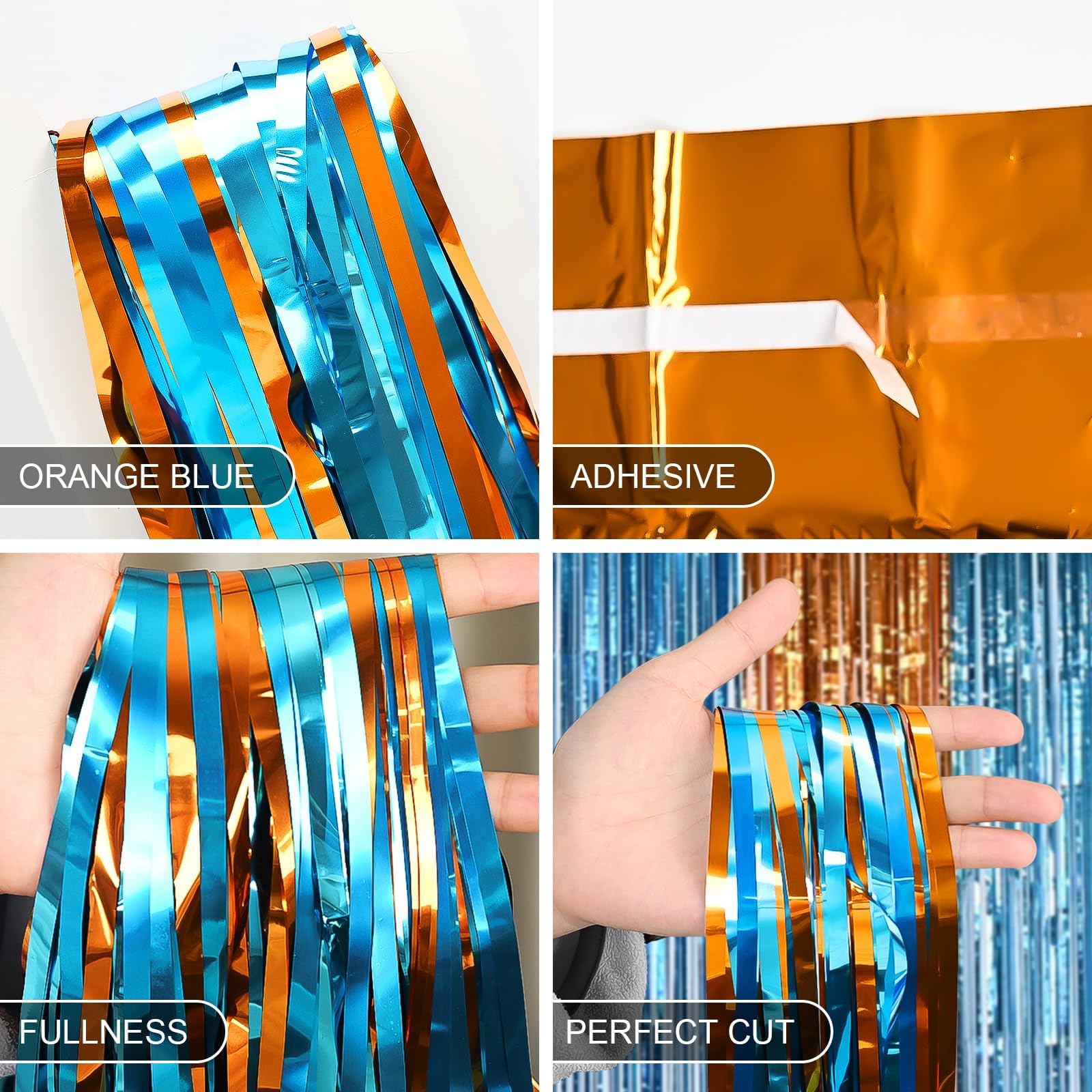 Blue Dog Party Decorations, 2 Packs Of 3.3X6.6 Ft Blue And Orange Foil Fringe Curtains, Blue Orange And Light Blue Tinsel Backdr