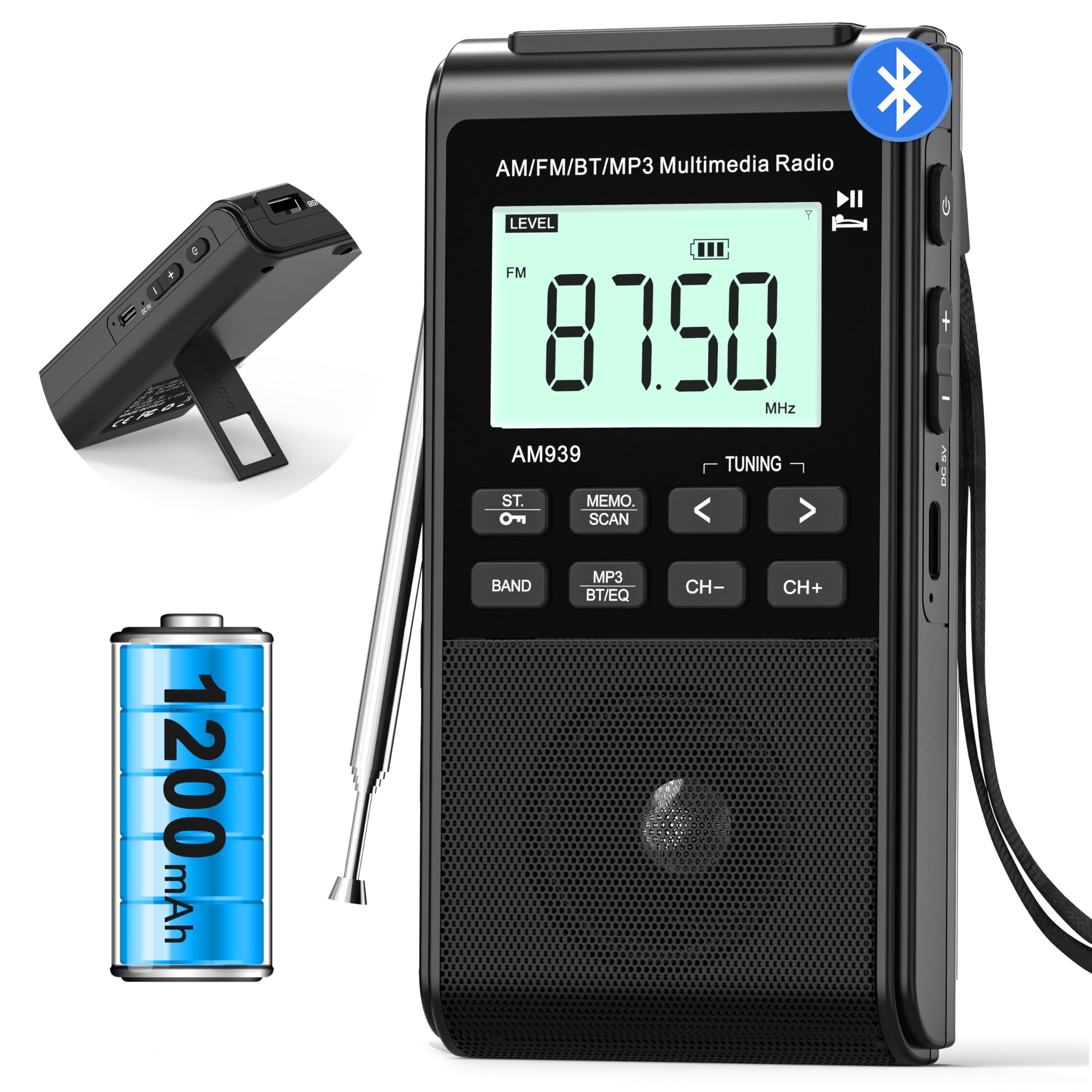 Pocket Radio with AM FM-1200mAh Rechargeable Radio-Portable Transistor Radio with Best Reception, Bluetooth Receiver,5W Big Spea