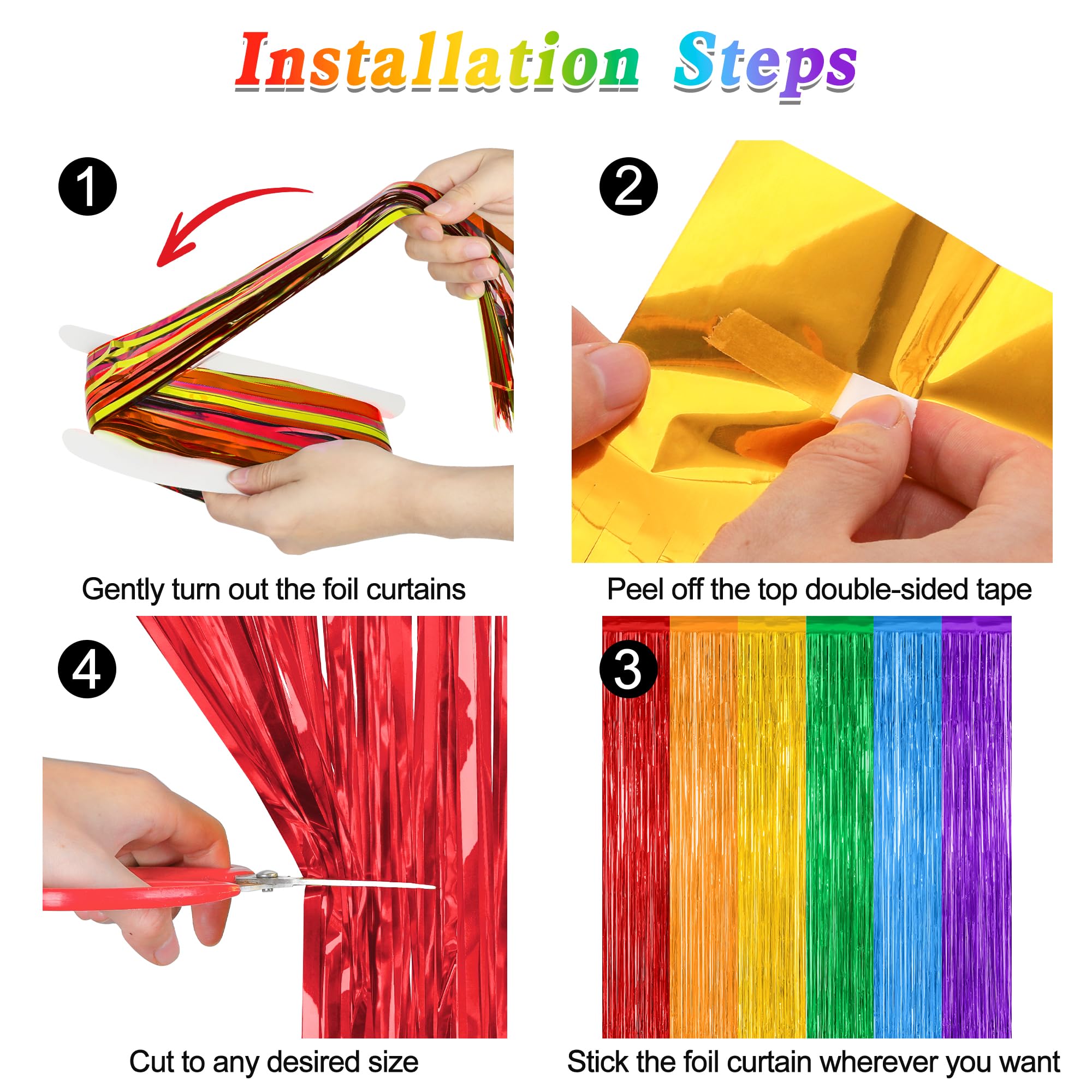 12 Pack Rainbow Backdrop, 3.28 Ft X 7.05 Ft Pride Decorations, Metallic Fringe Curtains Party Streamer Tinsel Backdrop, Rainbow