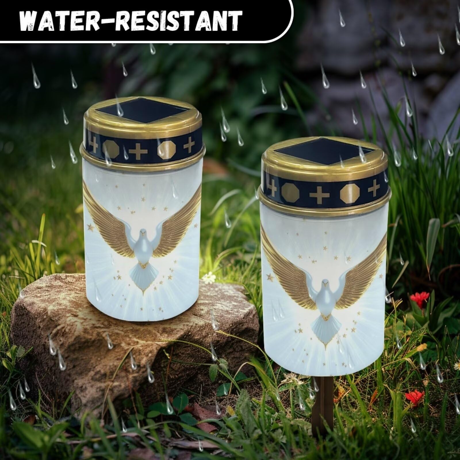 Uorisanigo Gold Peace Dove Cemetery Solar Lights For Grave Waterproof Solar Grave Lights For Cemetery Decoration Automatic Solar