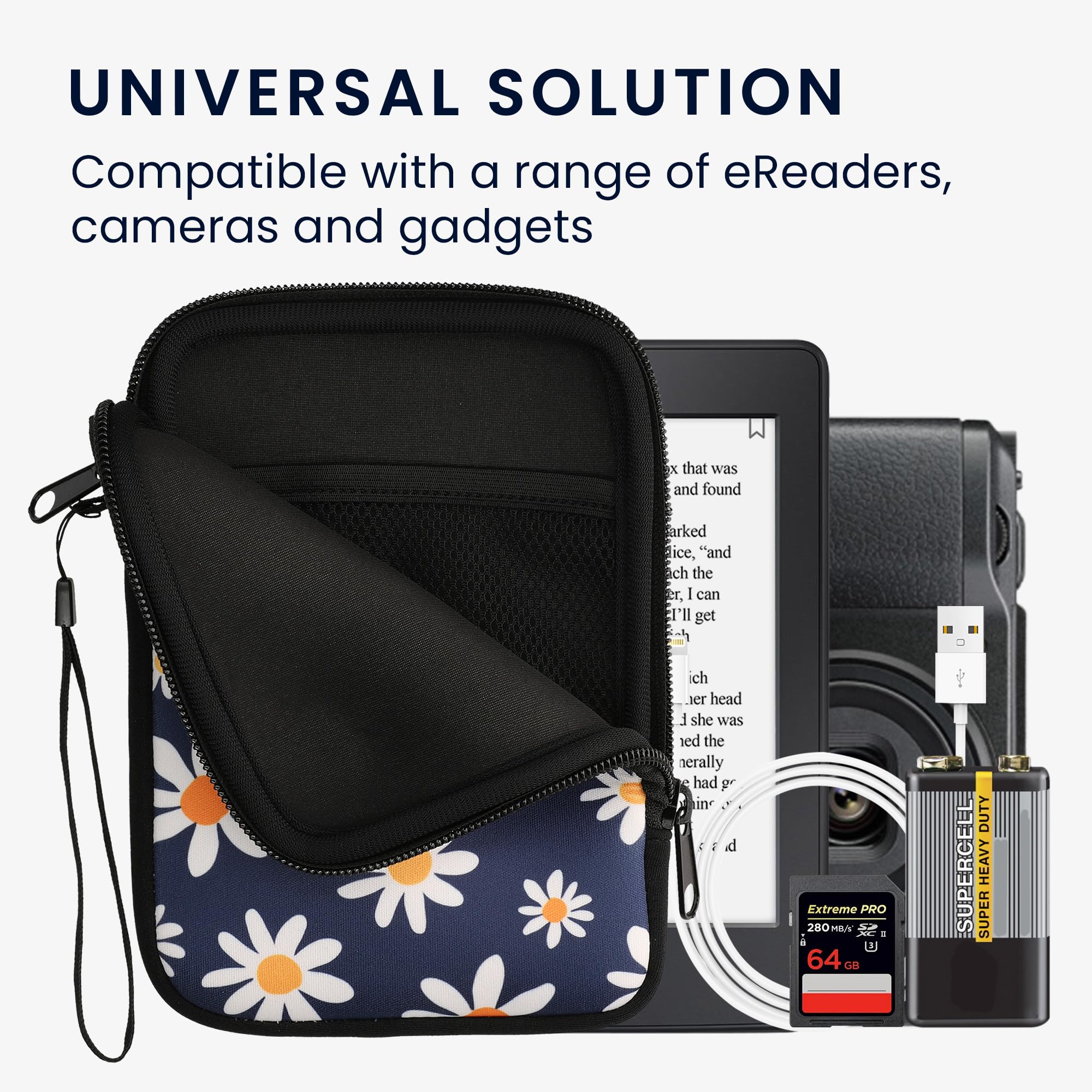 Kwmobile Neoprene E Reader Pouch Size 6'' Ereader   Universal Ebook Sleeve Case With Zipper, Wrist Strap   Blue/White/Yellow