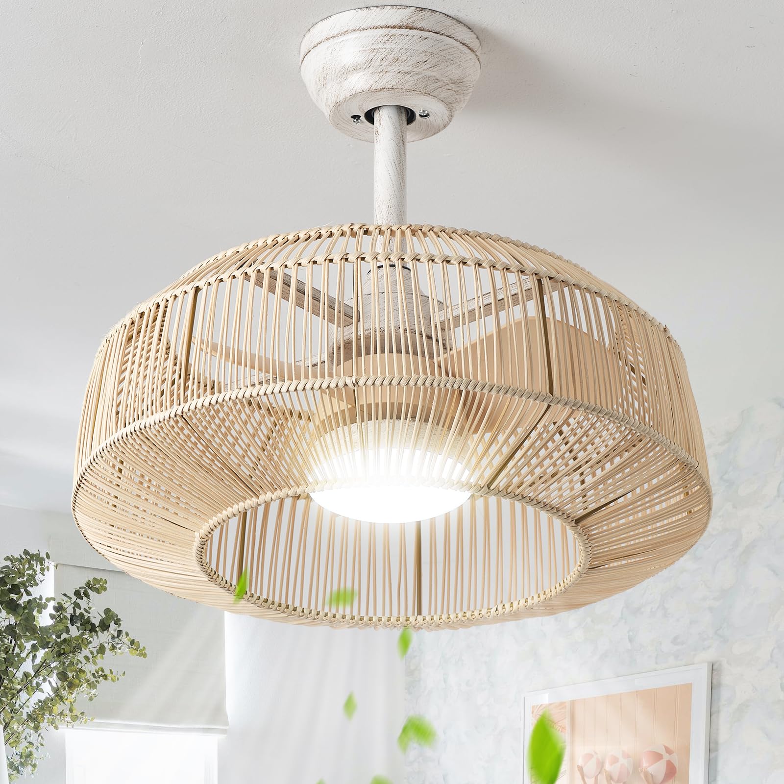 SYDACG 20 Caged Ceiling Fan with Light, Rattan Boho Chandelier Ceiling Fans with Lights Remote Control, LED Dimmable Lighting wi