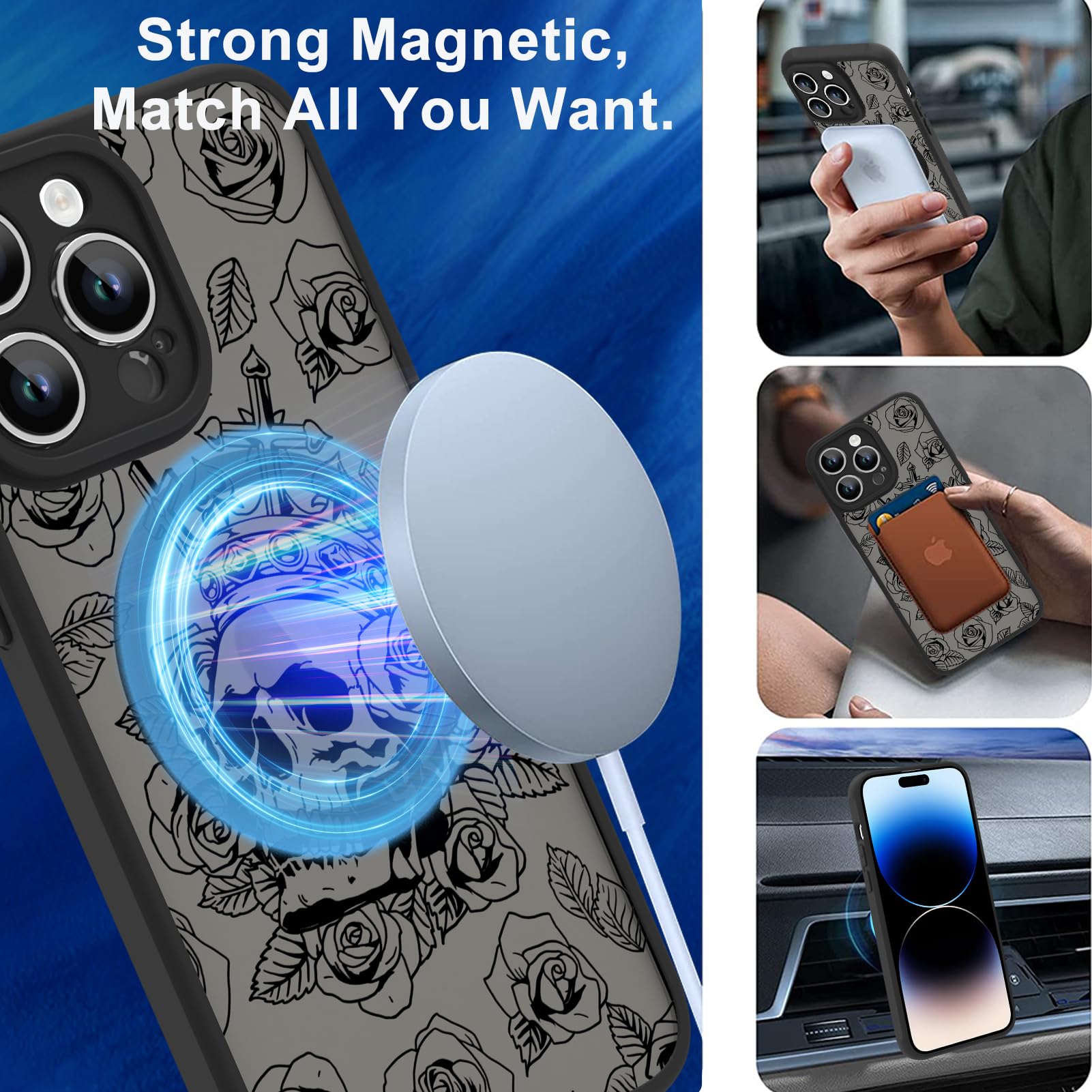 Ook Magnetic For Iphone 14 Pro Case Black Flower Skull Pattern [Compatible With Magsafe] Slim Translucent Matte Camera Lens Prot